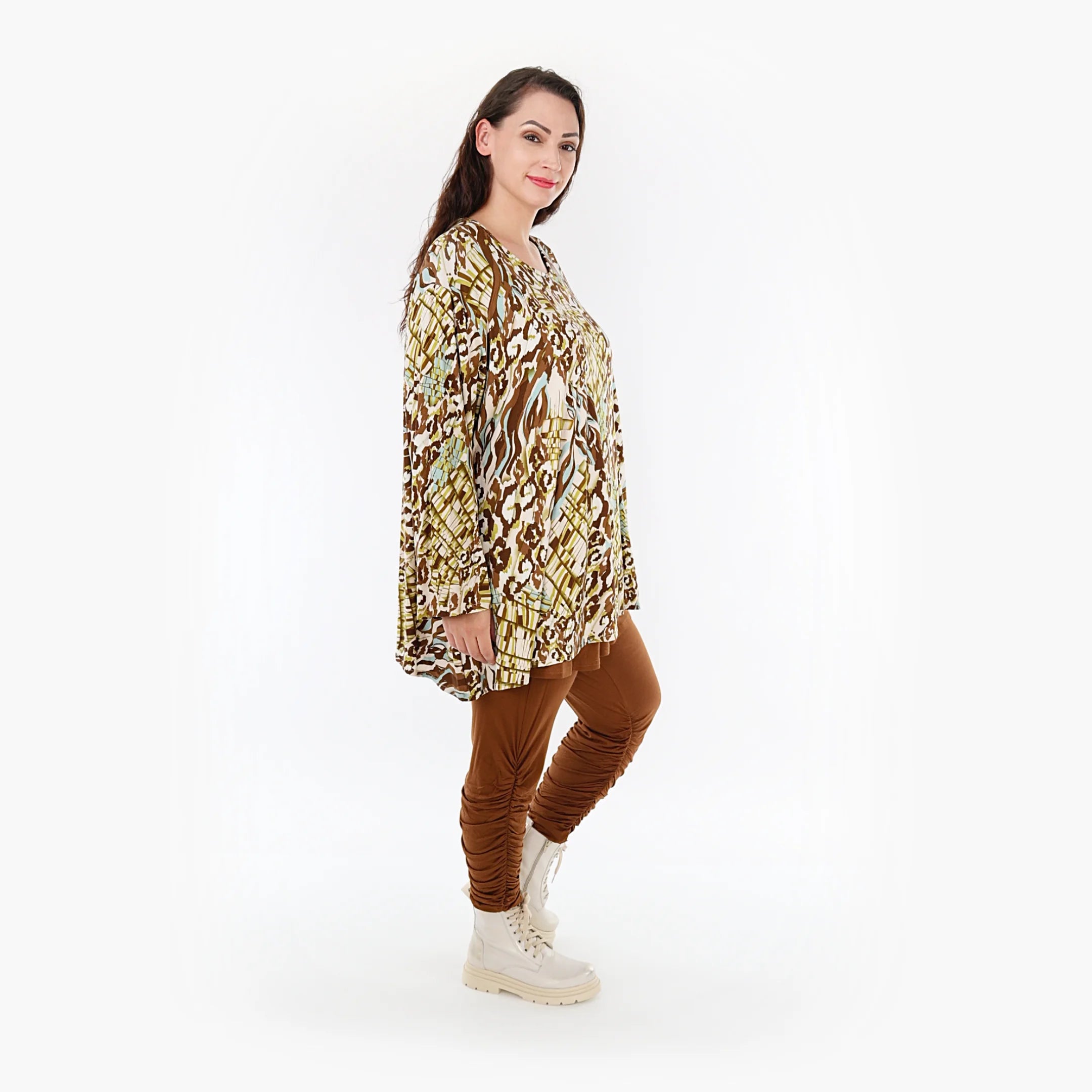  A-Form Bigshirt von AKH Fashion aus Viskose, 1355.00593, Olive-Cognac-Weiß, Muster, Schick