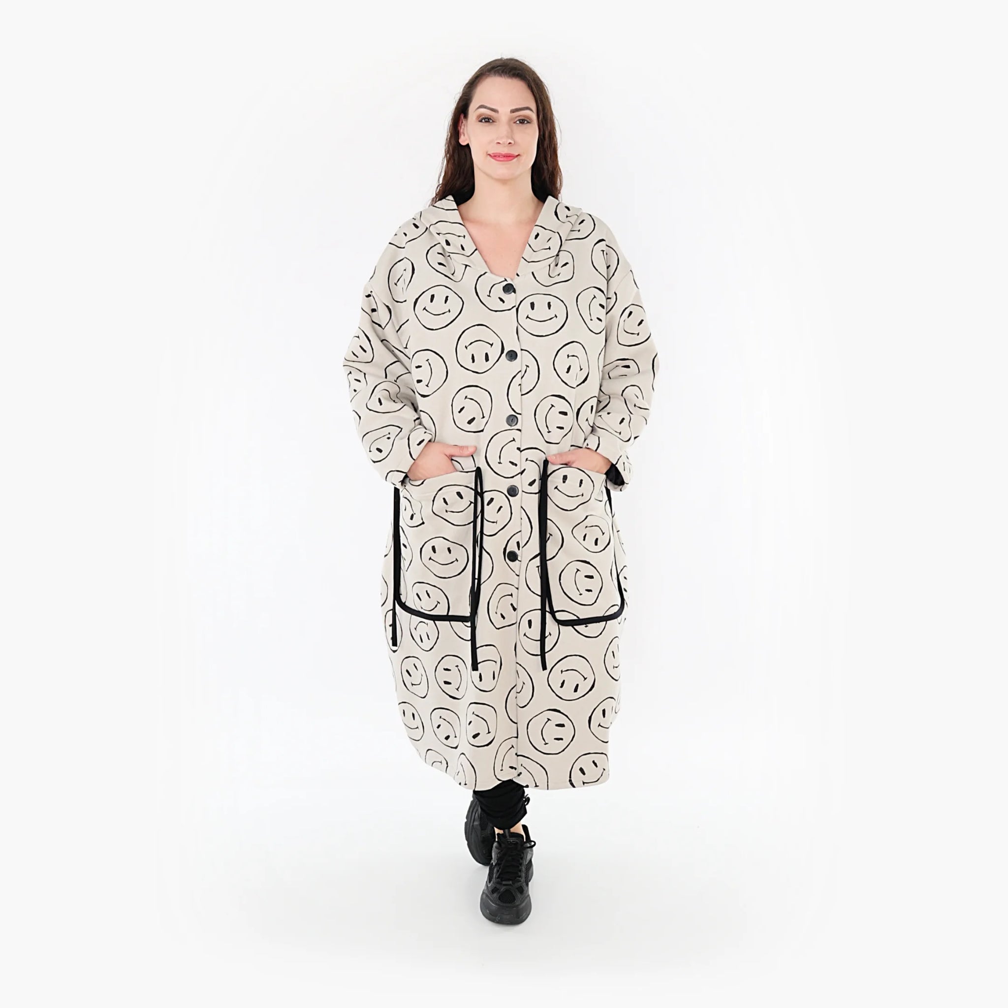  Beige-schwarzer Ballonmantel aus weichem Fleece mit praktischen Taschen im Oversize-Look für Plus-Size