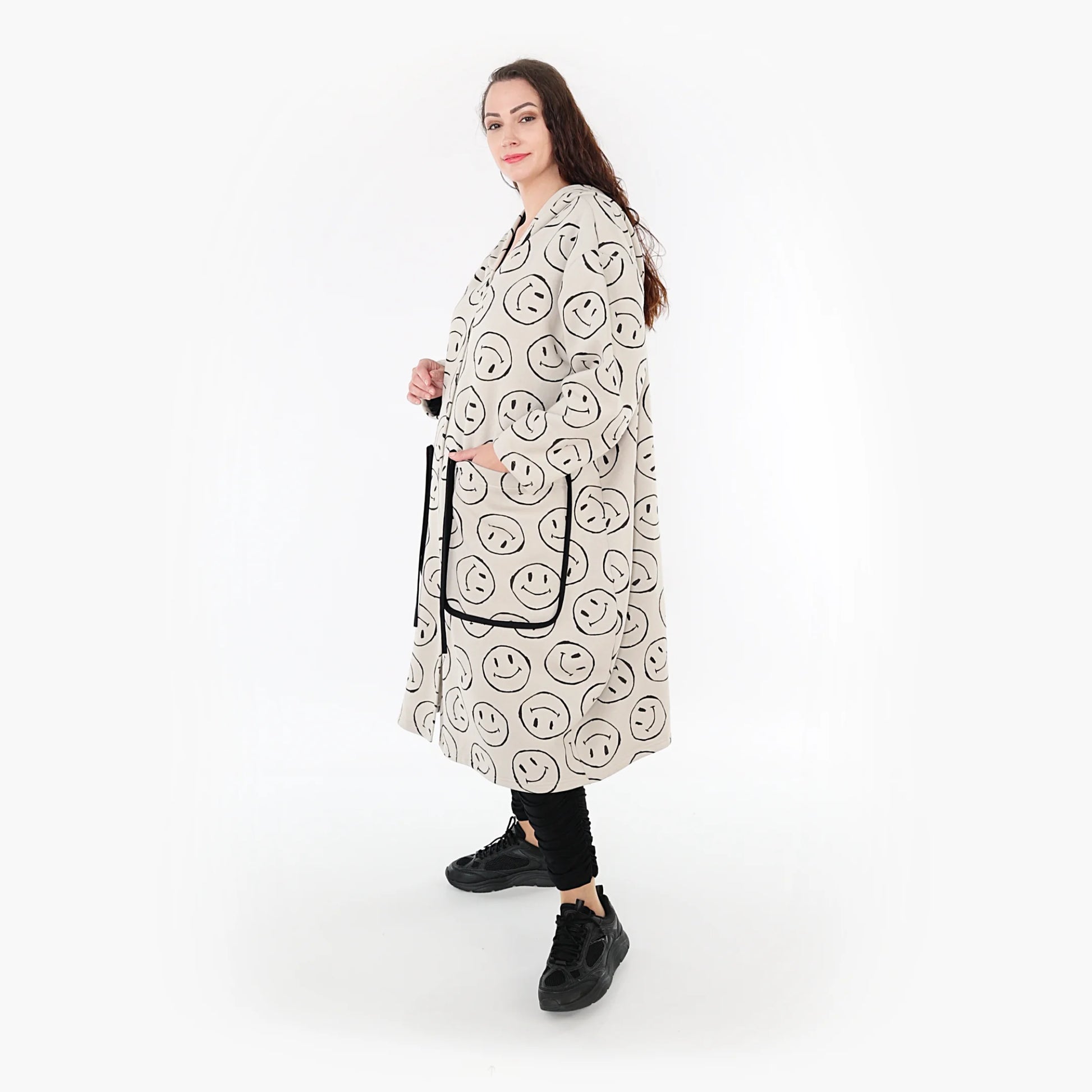  Beige-schwarzer Ballonmantel aus weichem Fleece mit praktischen Taschen im Oversize-Look für Plus-Size