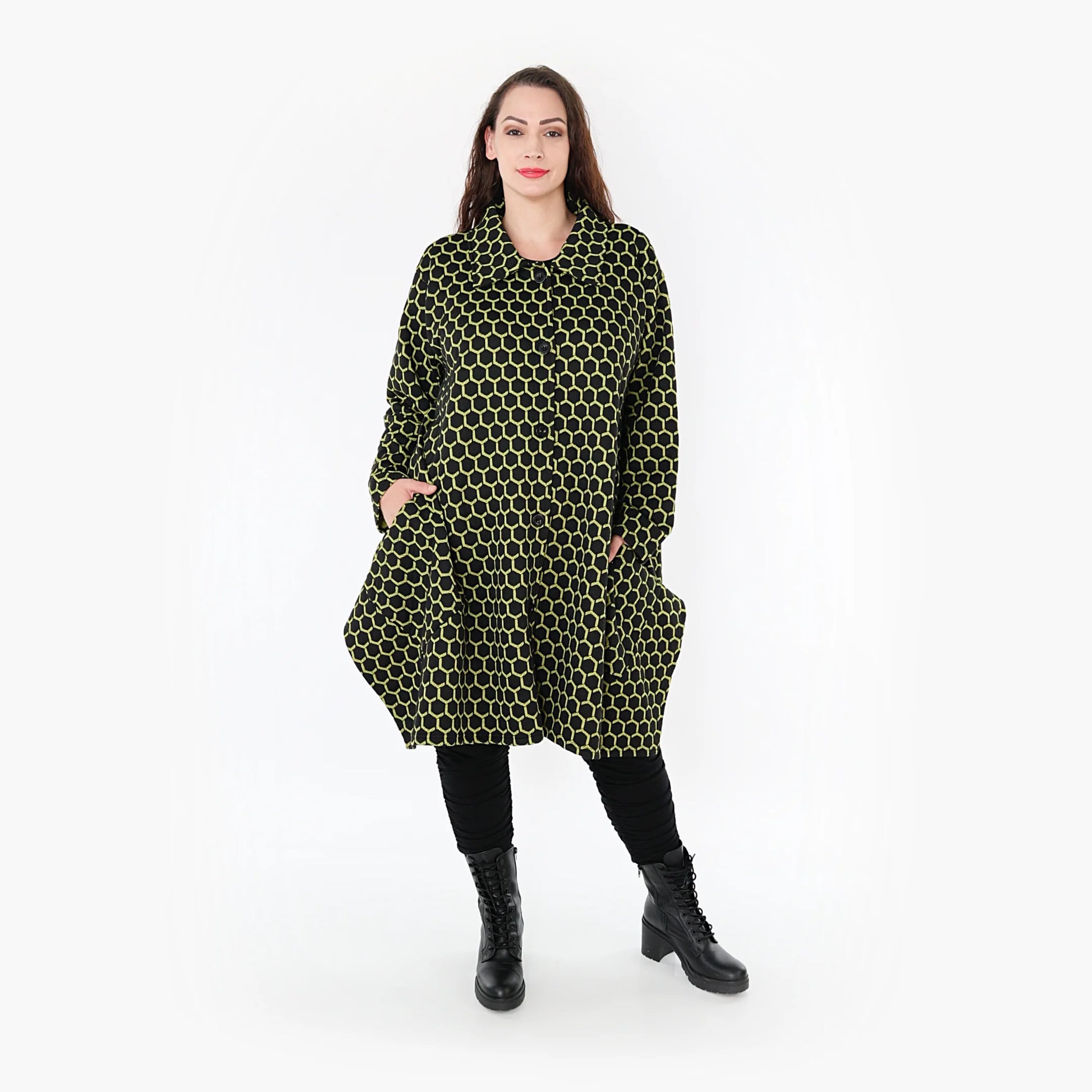  Ballonjacke im modernen Lagenlook mit trendigem Lime-Rautenmuster für Plus Size Fashion