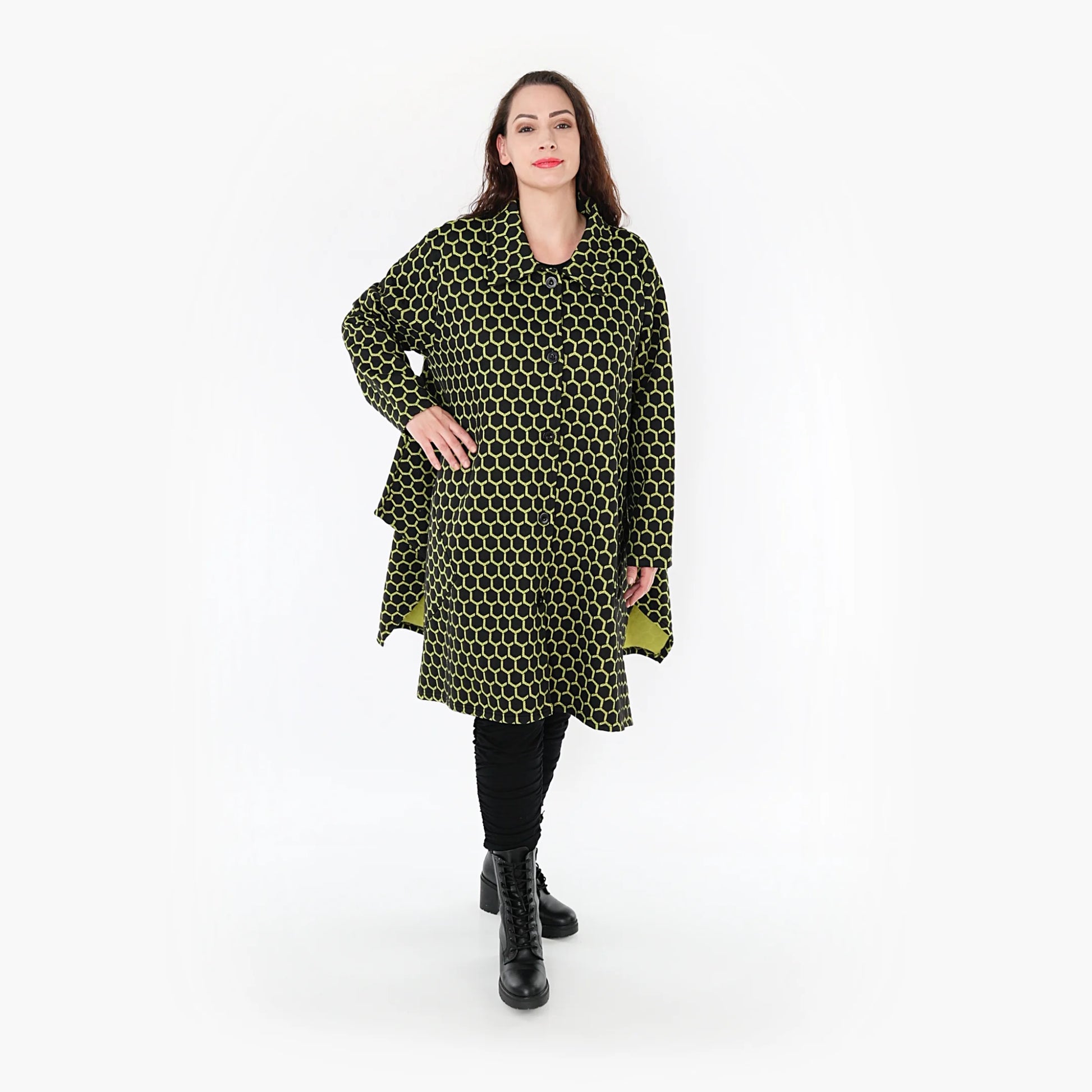  Ballonjacke im modernen Lagenlook mit trendigem Lime-Rautenmuster für Plus Size Fashion