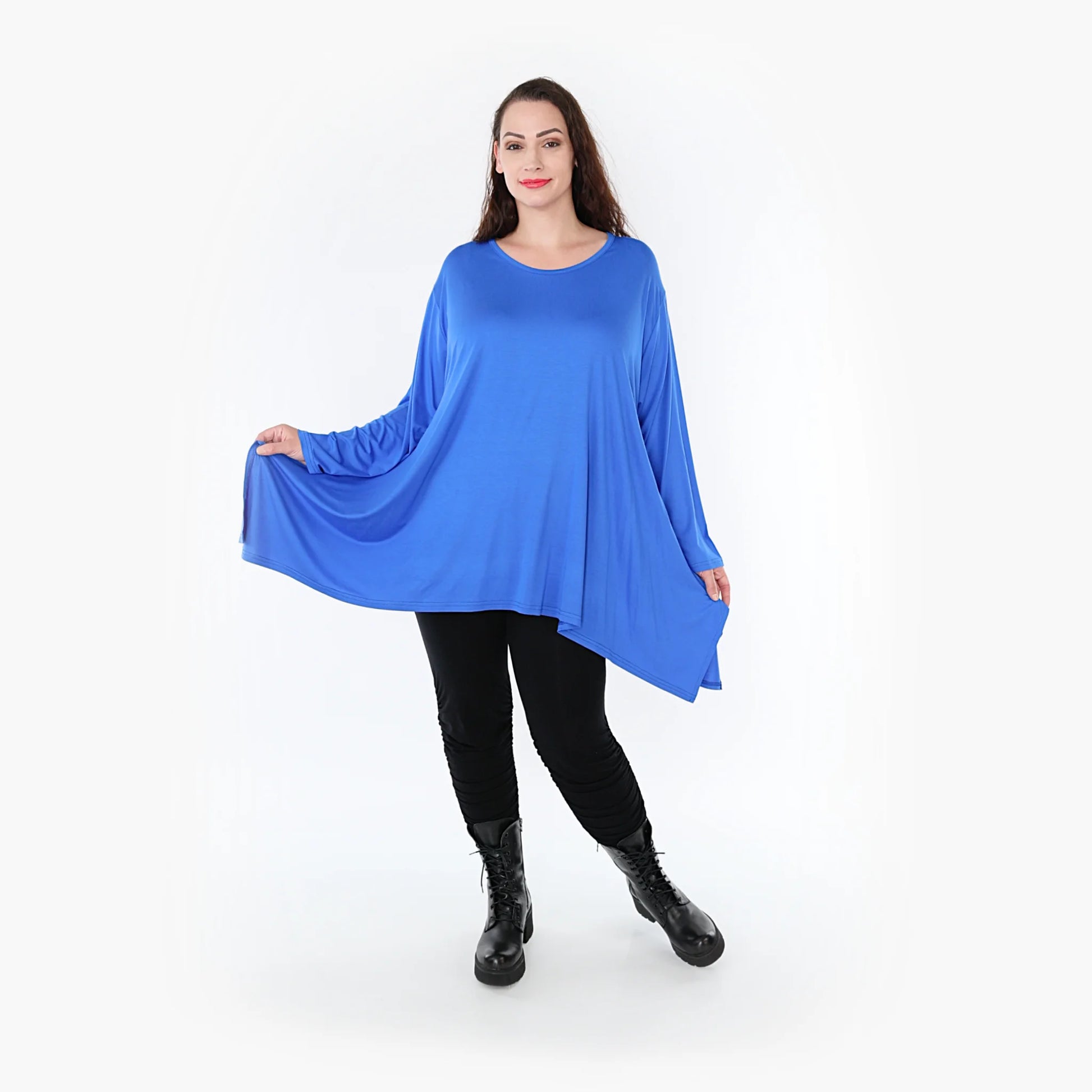  A-Form Shirt in royalblau mit Rundhalsausschnitt und praktischen Taschen für Plus Size Mode