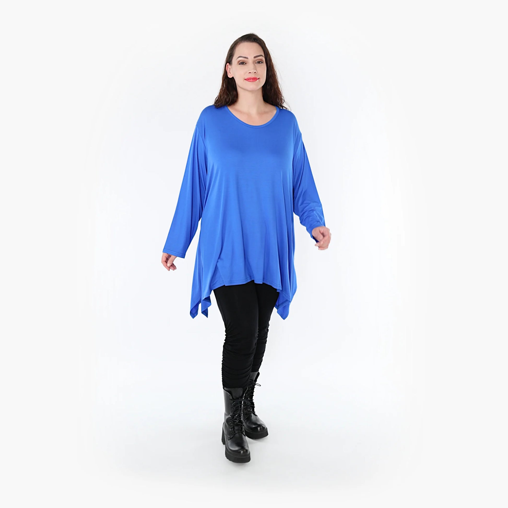  A-Form Shirt in royalblau mit Rundhalsausschnitt und praktischen Taschen für Plus Size Mode