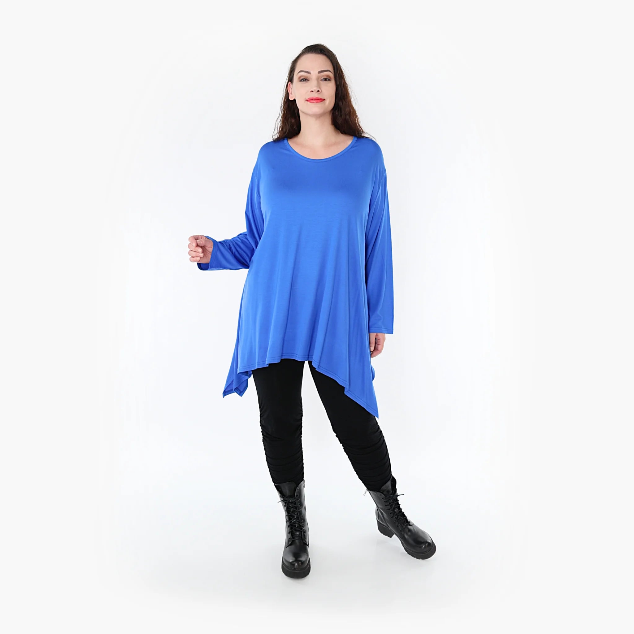  A-Form Shirt in royalblau mit Rundhalsausschnitt und praktischen Taschen für Plus Size Mode