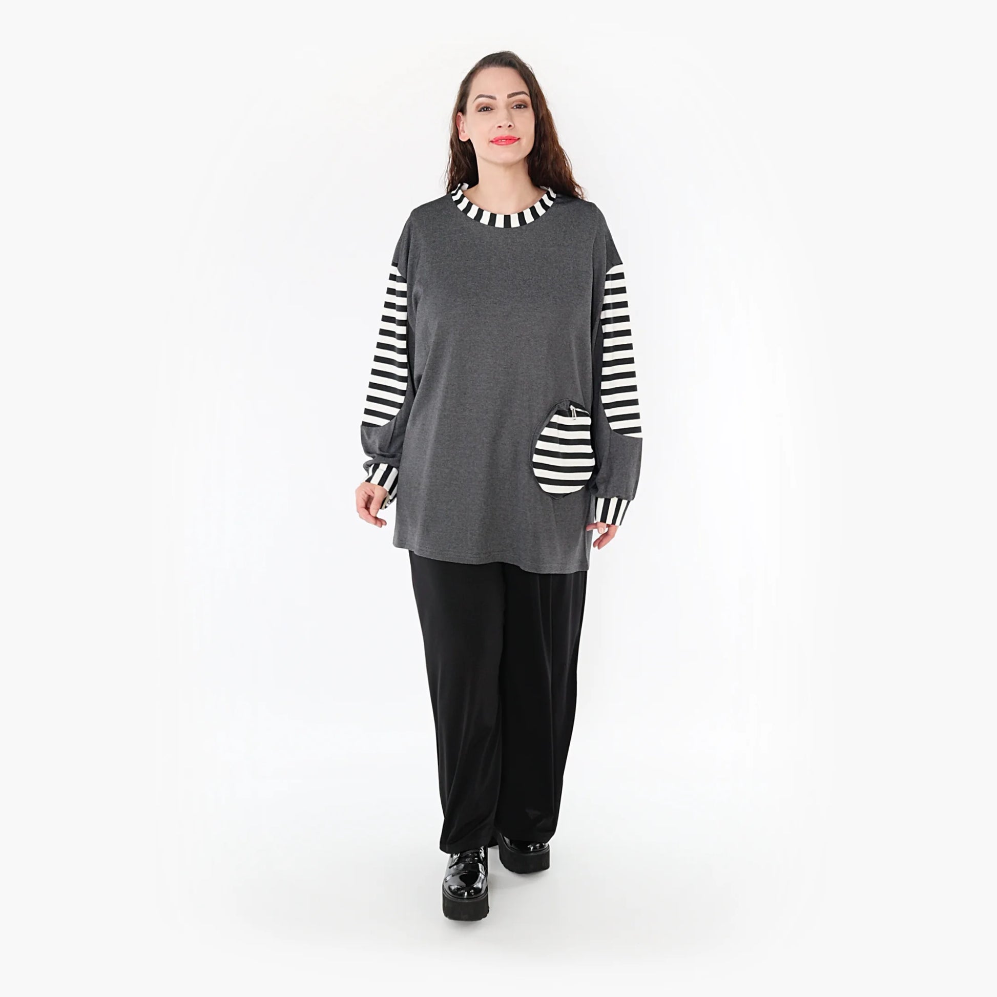  A-Form Bigshirt von AKH Fashion aus Viskose, 1366.06987, Grau-Weiß, Unifarben, Ausgefallen