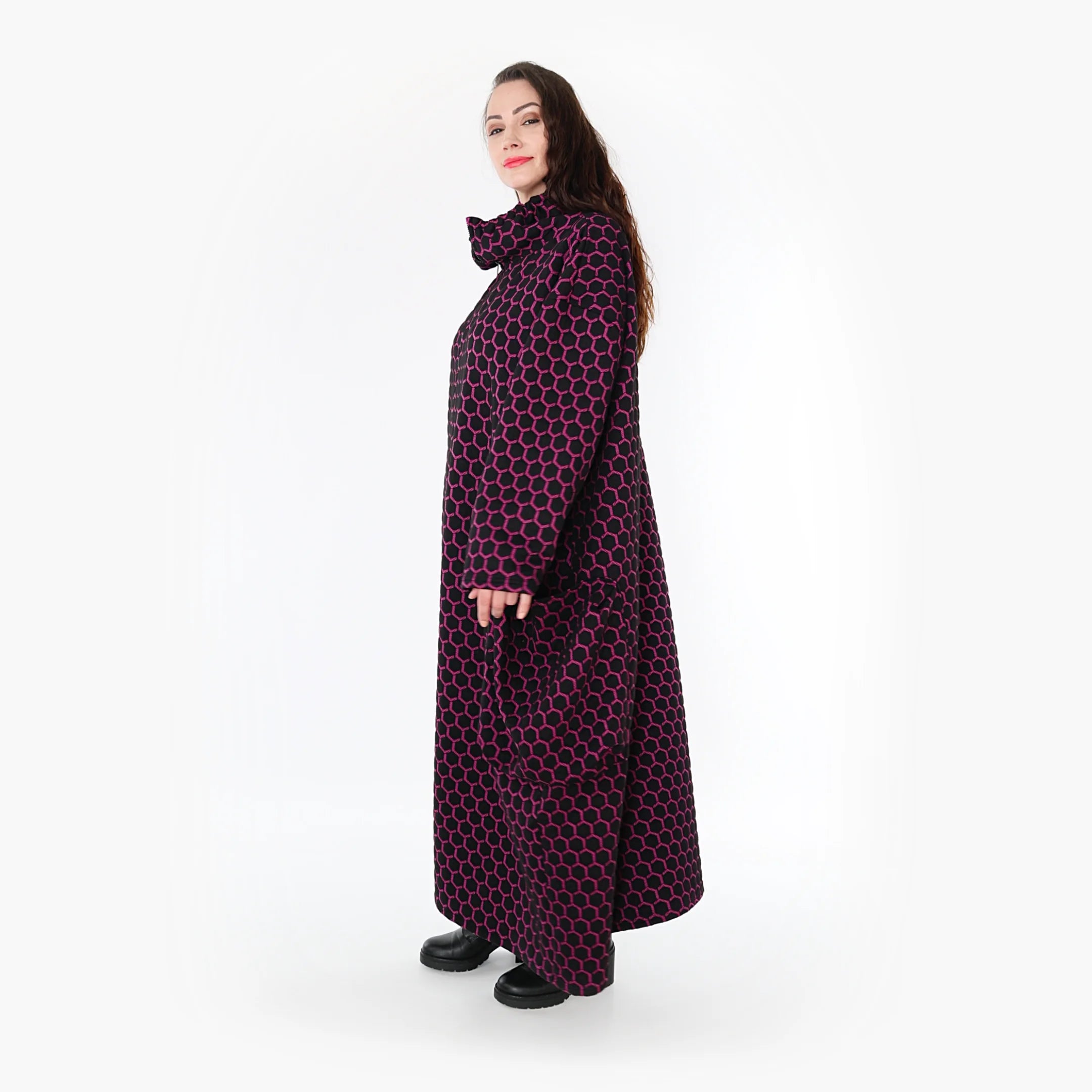  Ballonmantel von AKH Fashion aus Materialmix, 1365.06985, Schwarz-Fuchsia, Raute, Schick