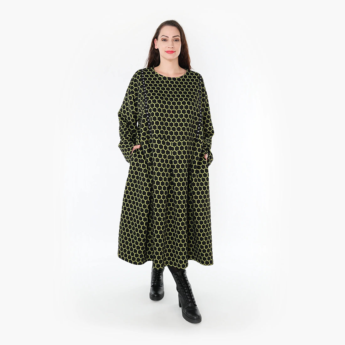  Trendiges Ballonkleid in Schwarz-Lime mit Rauten-Muster und gemütlichem Jacquard-Stoff für Lagenlooks