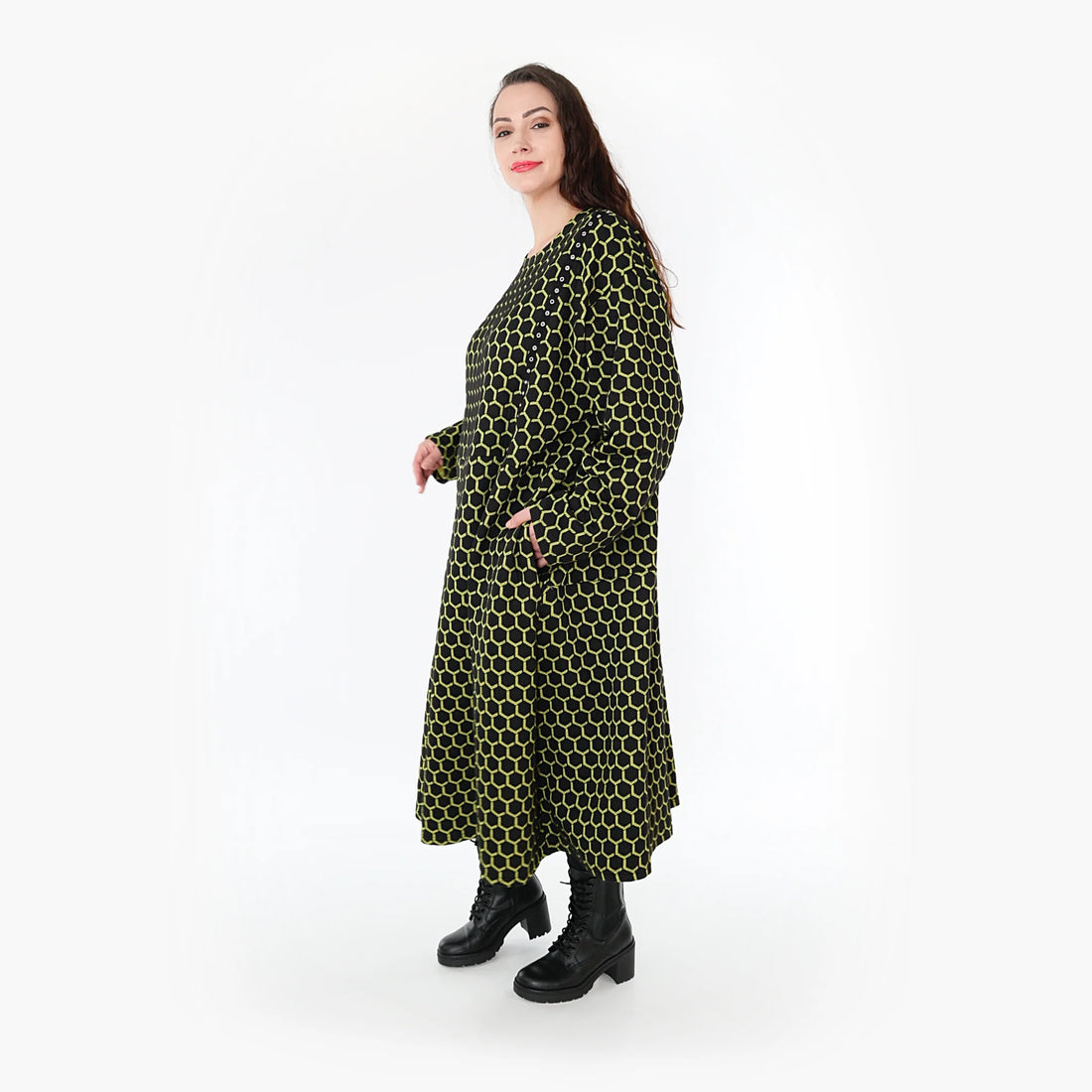  Trendiges Ballonkleid in Schwarz-Lime mit Rauten-Muster und gemütlichem Jacquard-Stoff für Lagenlooks