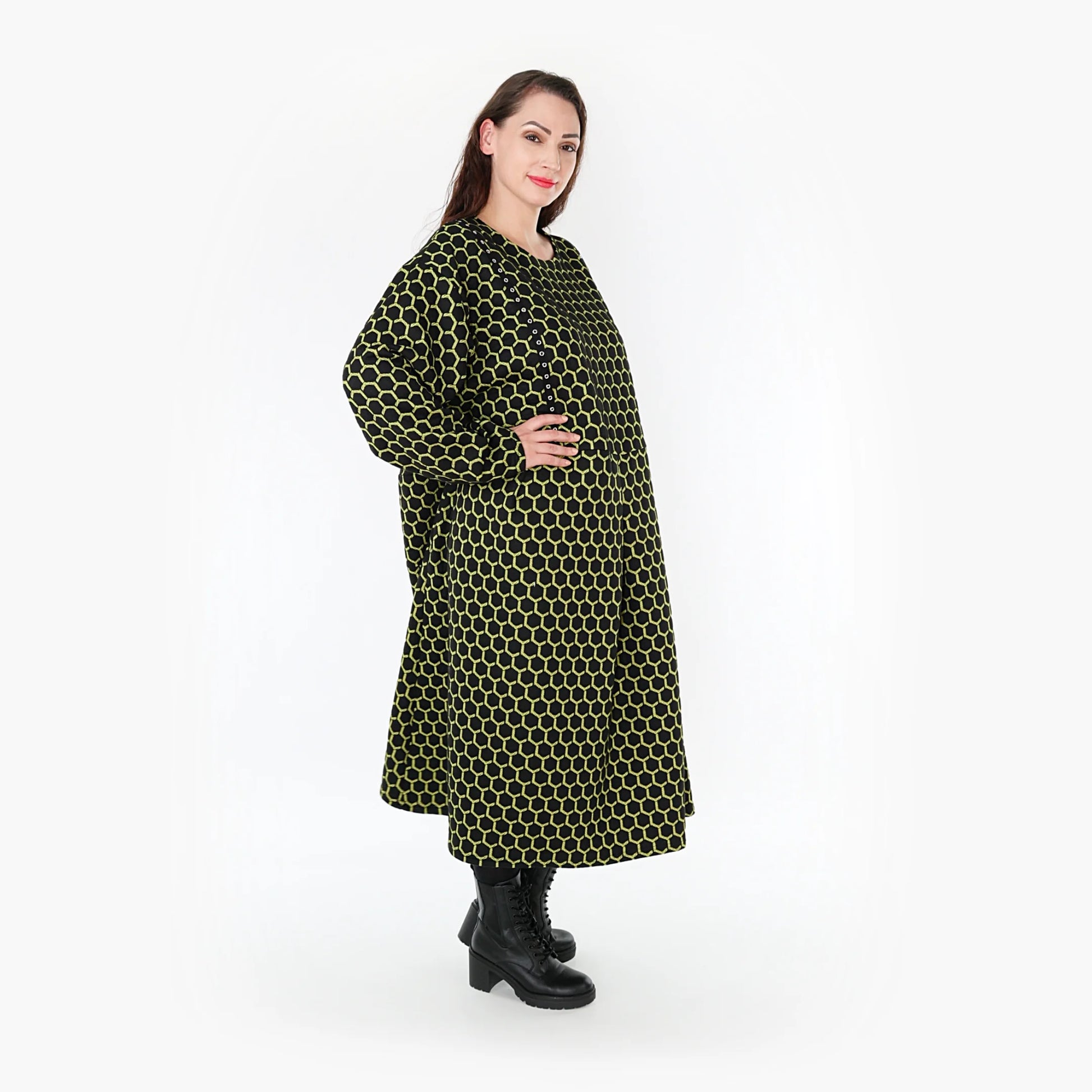  Trendiges Ballonkleid in Schwarz-Lime mit Rauten-Muster und gemütlichem Jacquard-Stoff für Lagenlooks