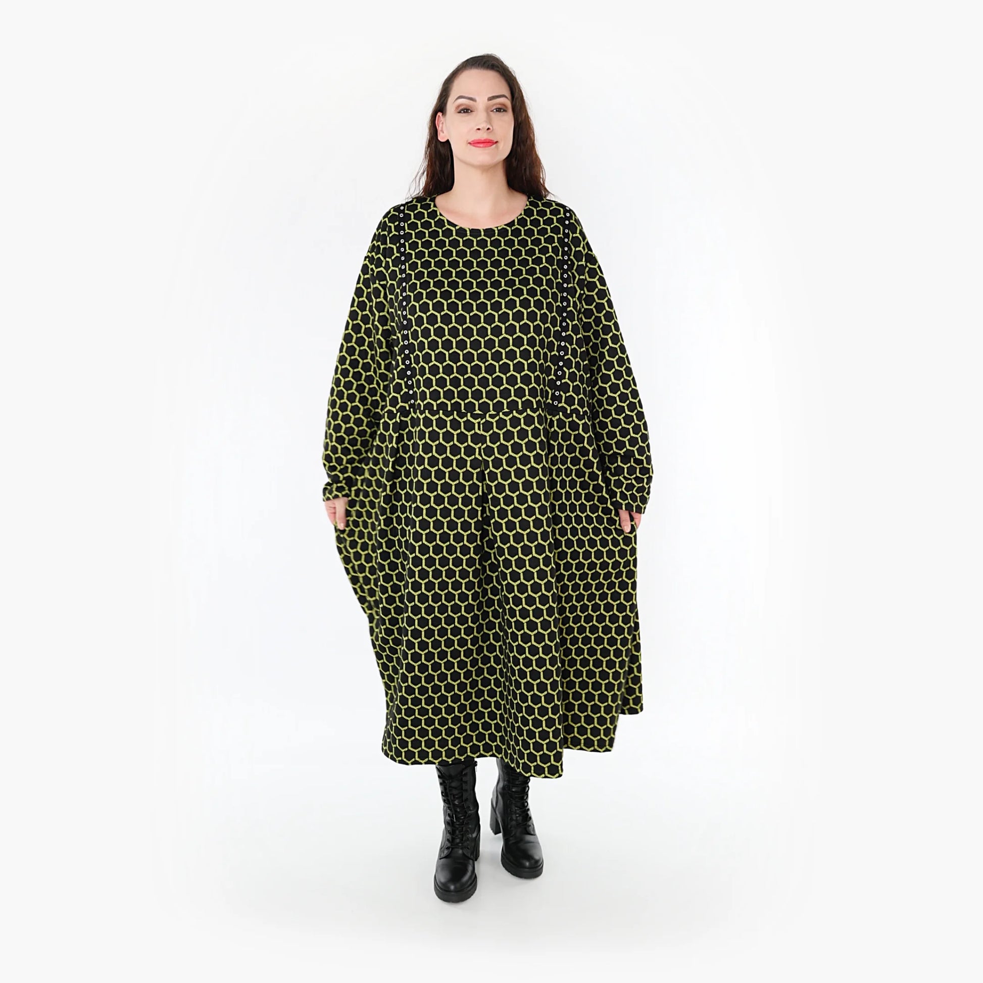  Trendiges Ballonkleid in Schwarz-Lime mit Rauten-Muster und gemütlichem Jacquard-Stoff für Lagenlooks