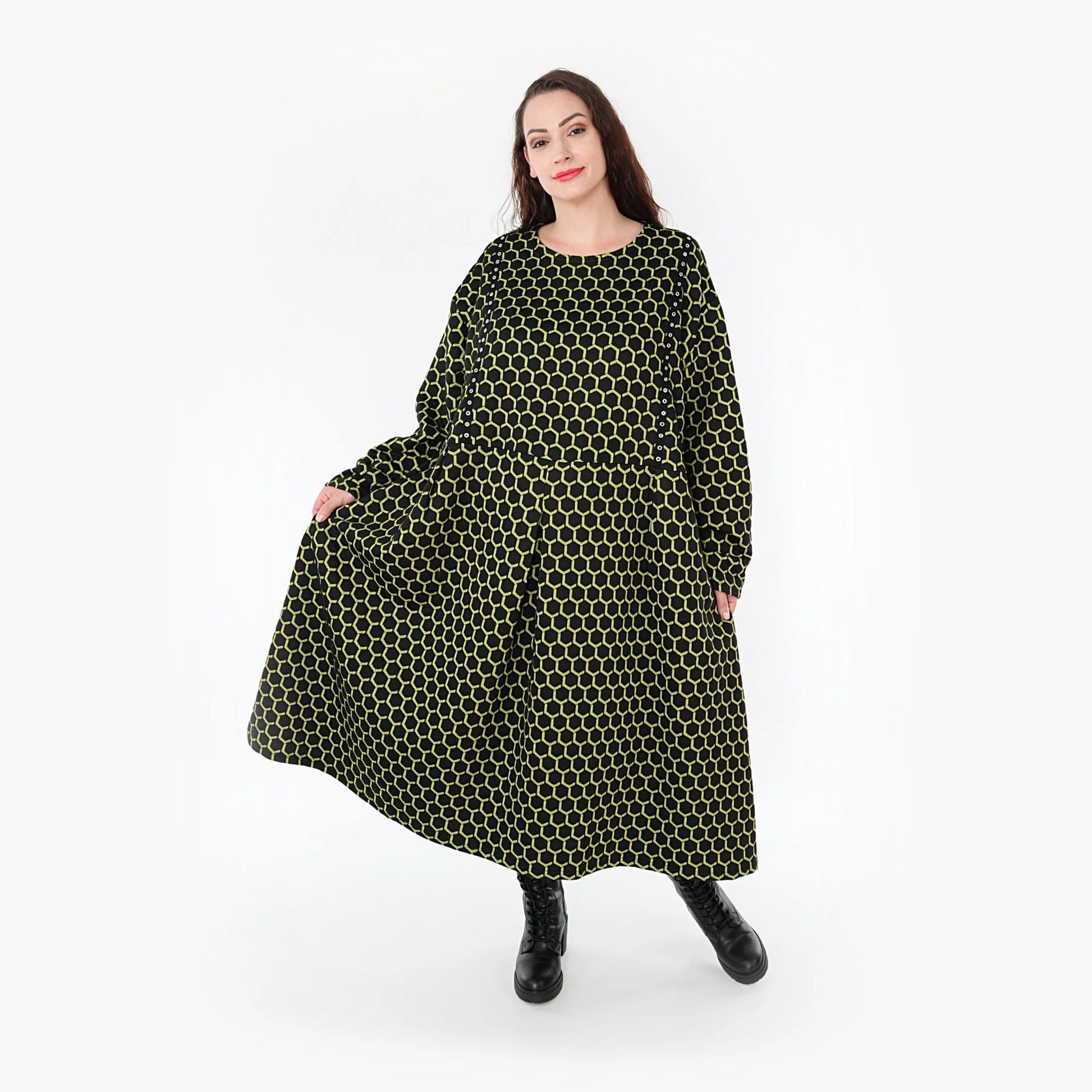  Trendiges Ballonkleid in Schwarz-Lime mit Rauten-Muster und gemütlichem Jacquard-Stoff für Lagenlooks