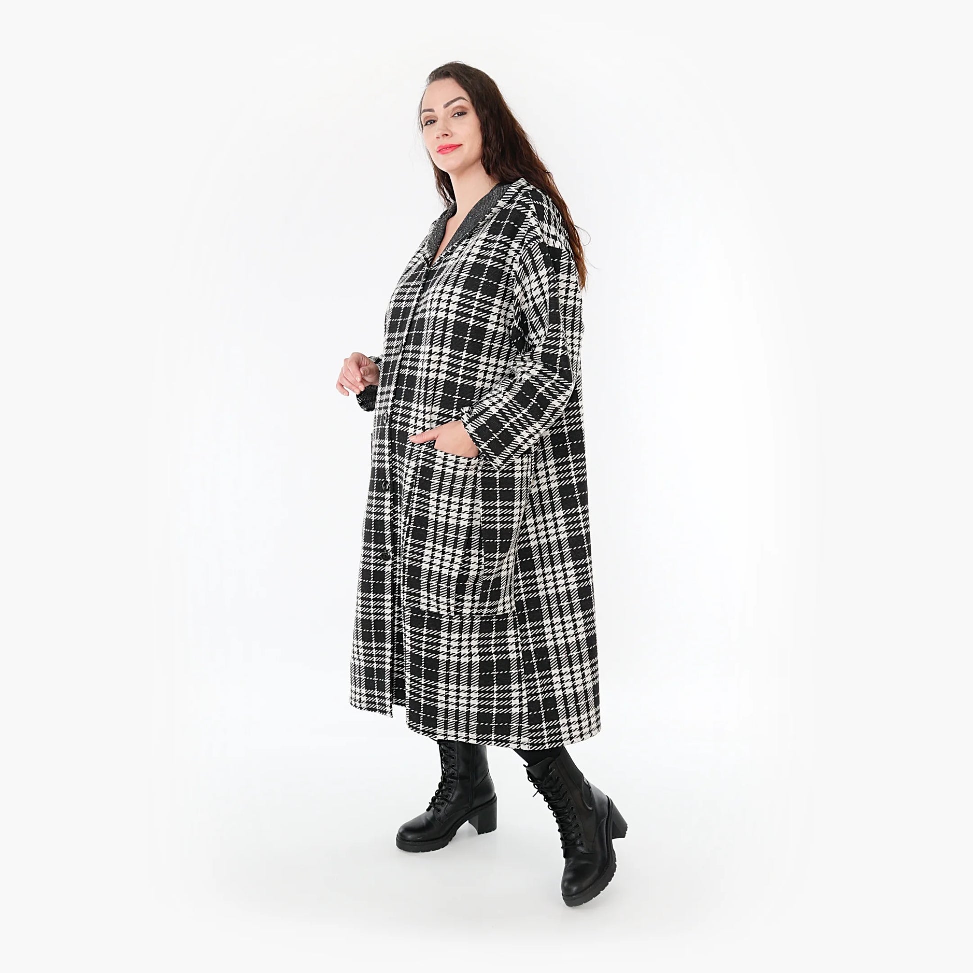  A-Form Mantel in klassischem Schwarz-Weiß mit Kapuze und Taschen für modebewusste Plus Size Damen