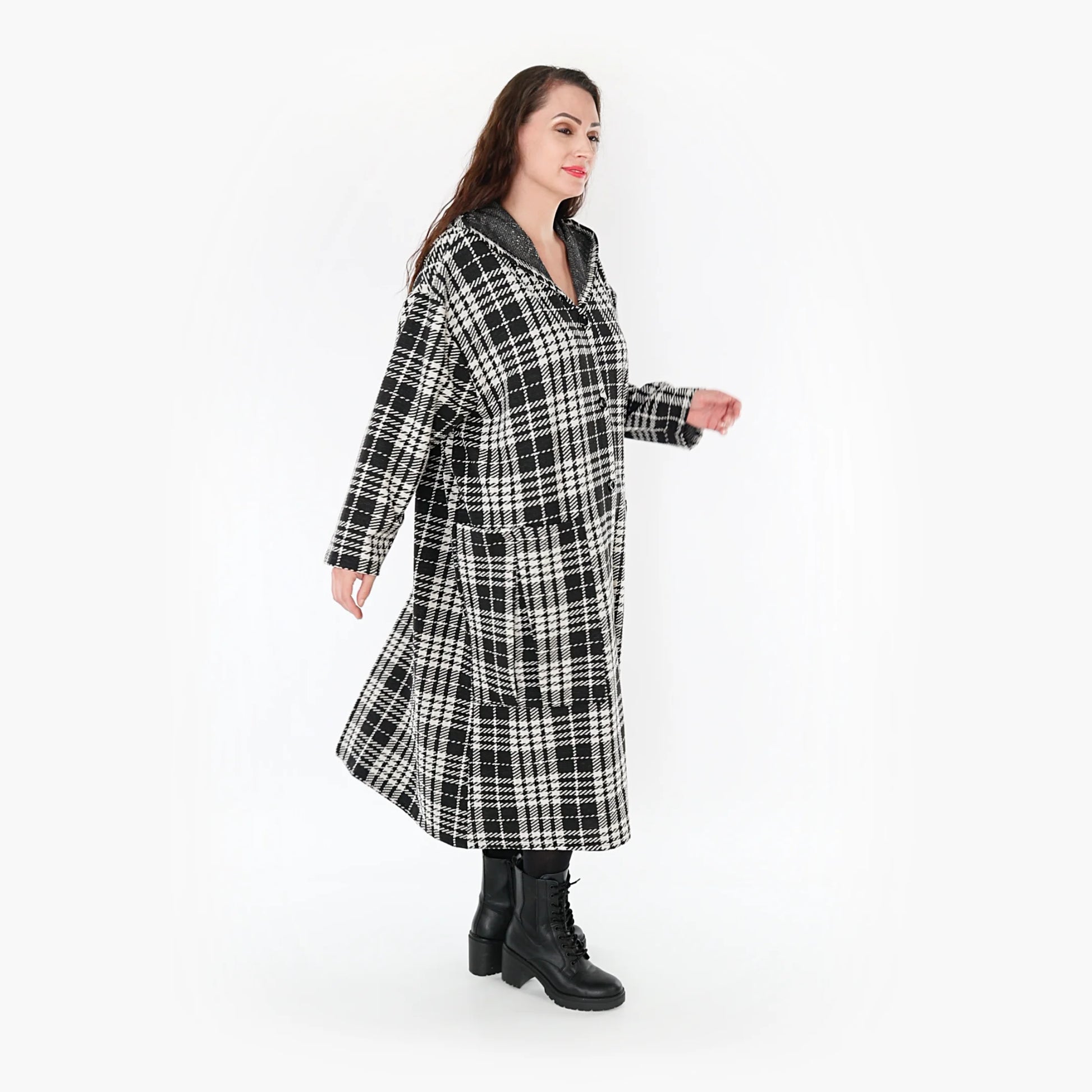  A-Form Mantel in klassischem Schwarz-Weiß mit Kapuze und Taschen für modebewusste Plus Size Damen