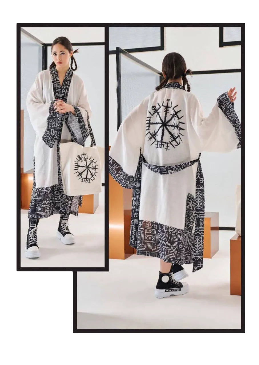  H4 Fashion Kimono in gerader Form, aus Polyamid, 2693, Ecru, Aztec, Ausgefallen, Zeitlos