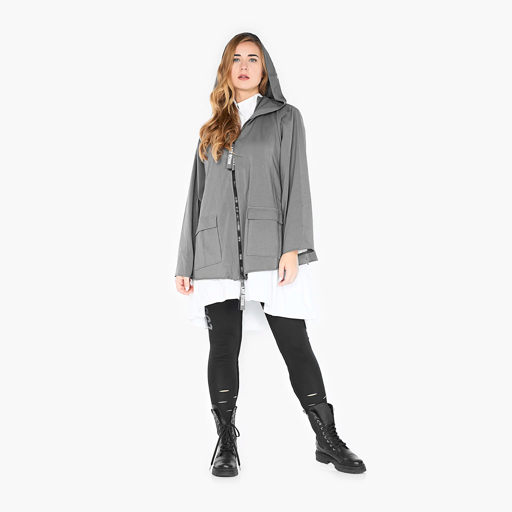  Graue Plus Size Jacke im Lagenlook aus weichem Baumwoll-Jersey mit großer Kapuze und Taschen