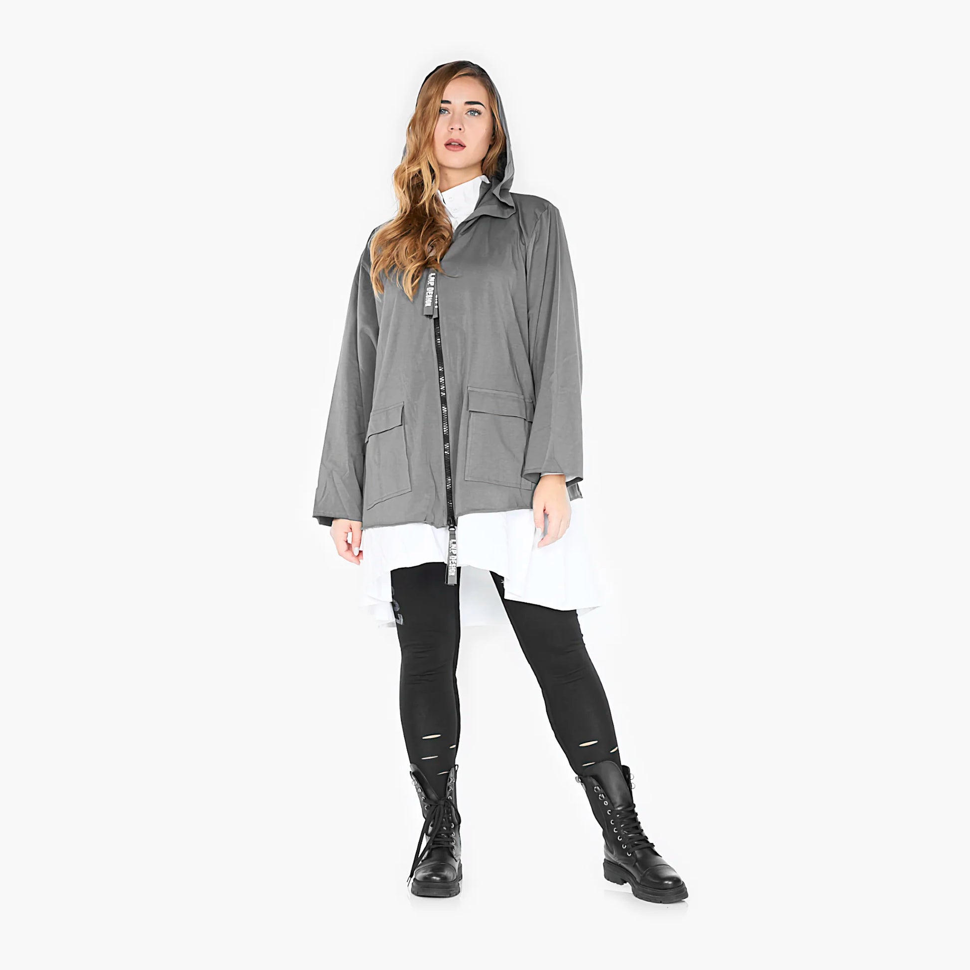  Graue Plus Size Jacke im Lagenlook aus weichem Baumwoll-Jersey mit großer Kapuze und Taschen