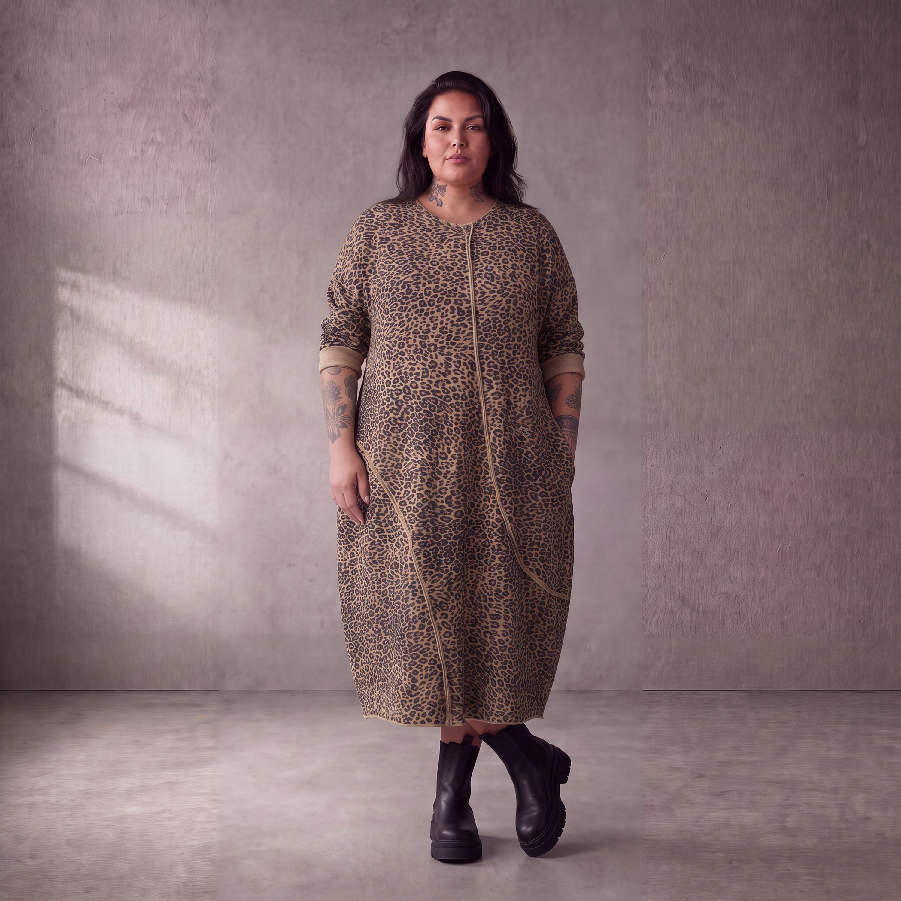 Damen Kleid Lagenlook Baumwolle Schwarz/Braun, Ballonschnitt, Seitentaschen, Oversize große Größen – Funky Diva