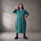 Damen Kleid Lagenlook Baumwolle Türkis/Braun, Ballonschnitt, Seitentaschen, Oversize große Größen – Funky Diva