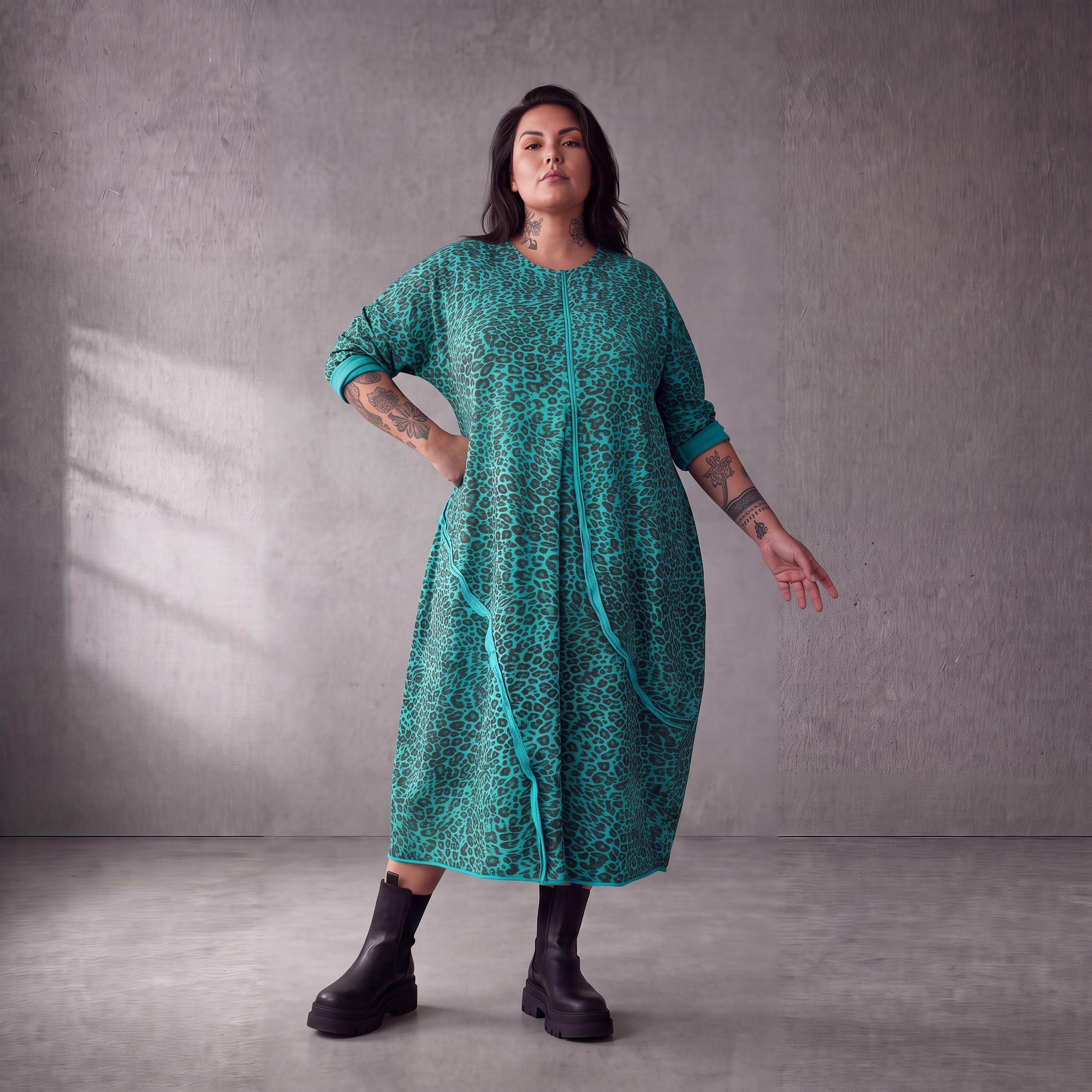 Damen Kleid Lagenlook Baumwolle Türkis/Braun, Ballonschnitt, Seitentaschen, Oversize große Größen – Funky Diva