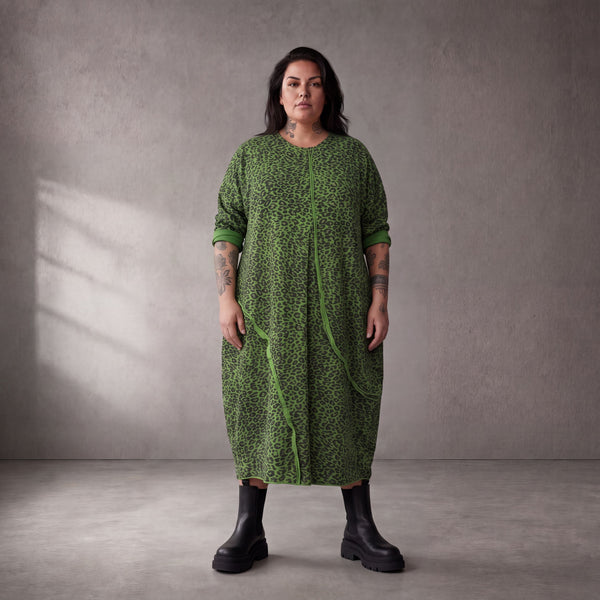 Damen Kleid Lagenlook Baumwolle Grün/Schwarz, Ballonschnitt, Langarm, Seitentaschen, Oversize große Größen – Funky Diva