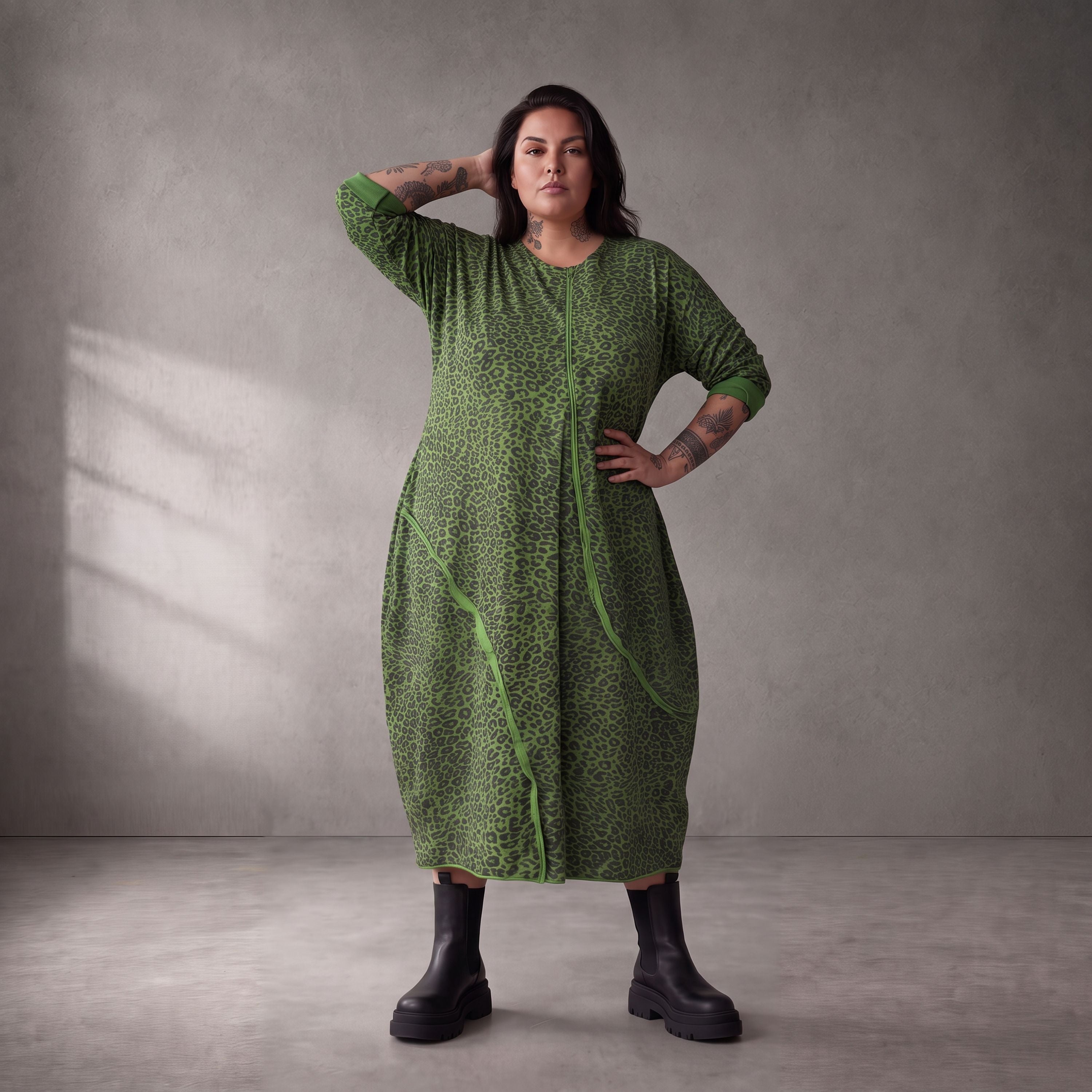 Damen Kleid Lagenlook Baumwolle Grün/Schwarz, Ballonschnitt, Langarm, Seitentaschen, Oversize große Größen – Funky Diva