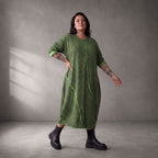 Damen Kleid Lagenlook Baumwolle Grün/Schwarz, Ballonschnitt, Langarm, Seitentaschen, Oversize große Größen – Funky Diva