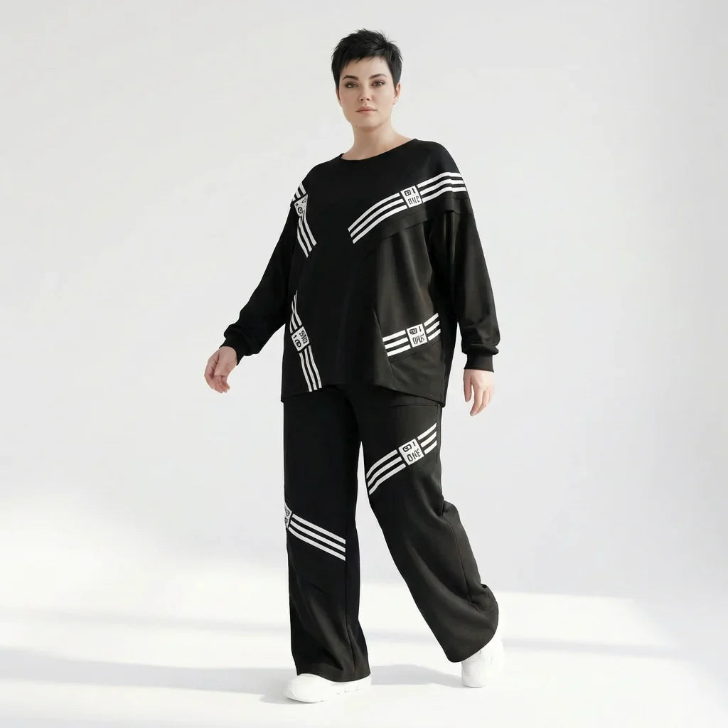 Zweiteiler im Oversize-Design aus French Terry mit Printdetails in Schwarz-Weiß von B-One – jetzt bei Modeare entdecken