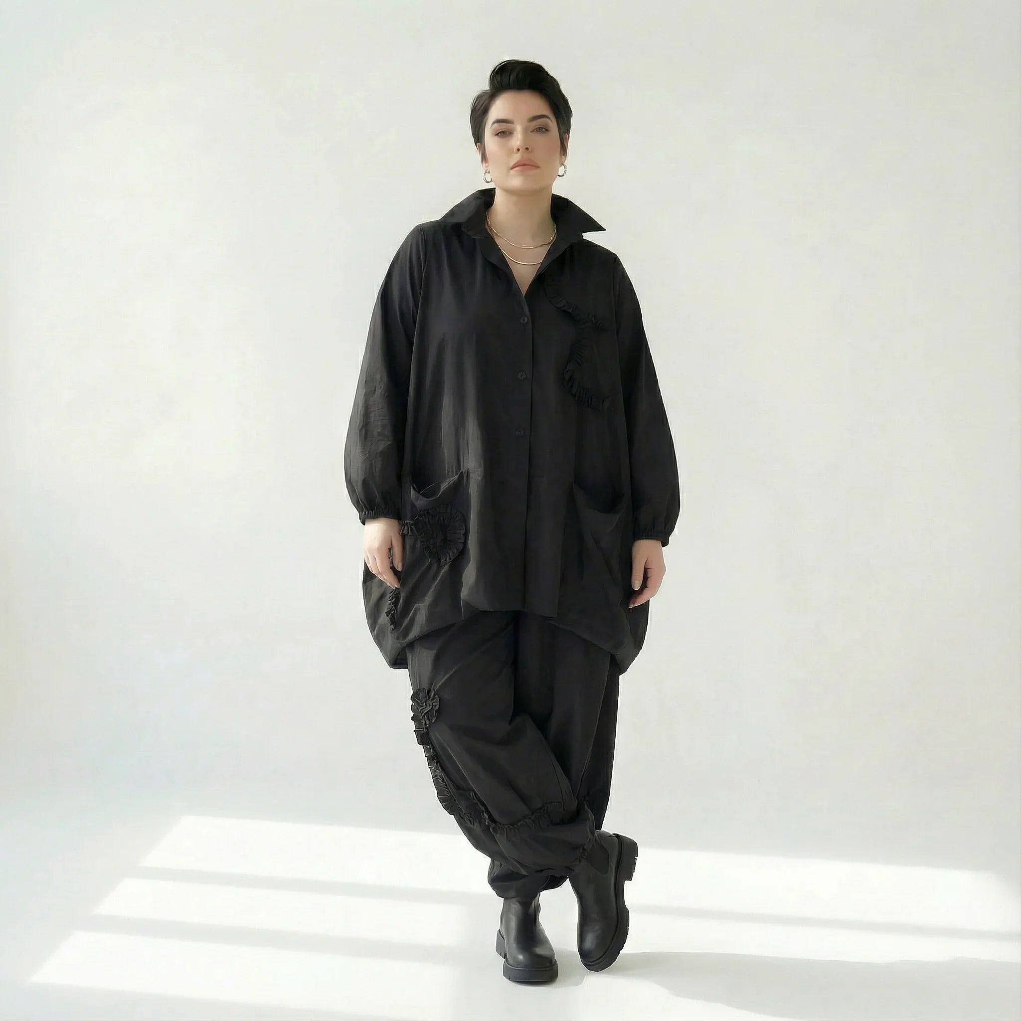 Schwarze Oversize Jacke Damen Avantgarde Lagenlook Polyester Frühjahr Sommer Caraclan bei Modeare