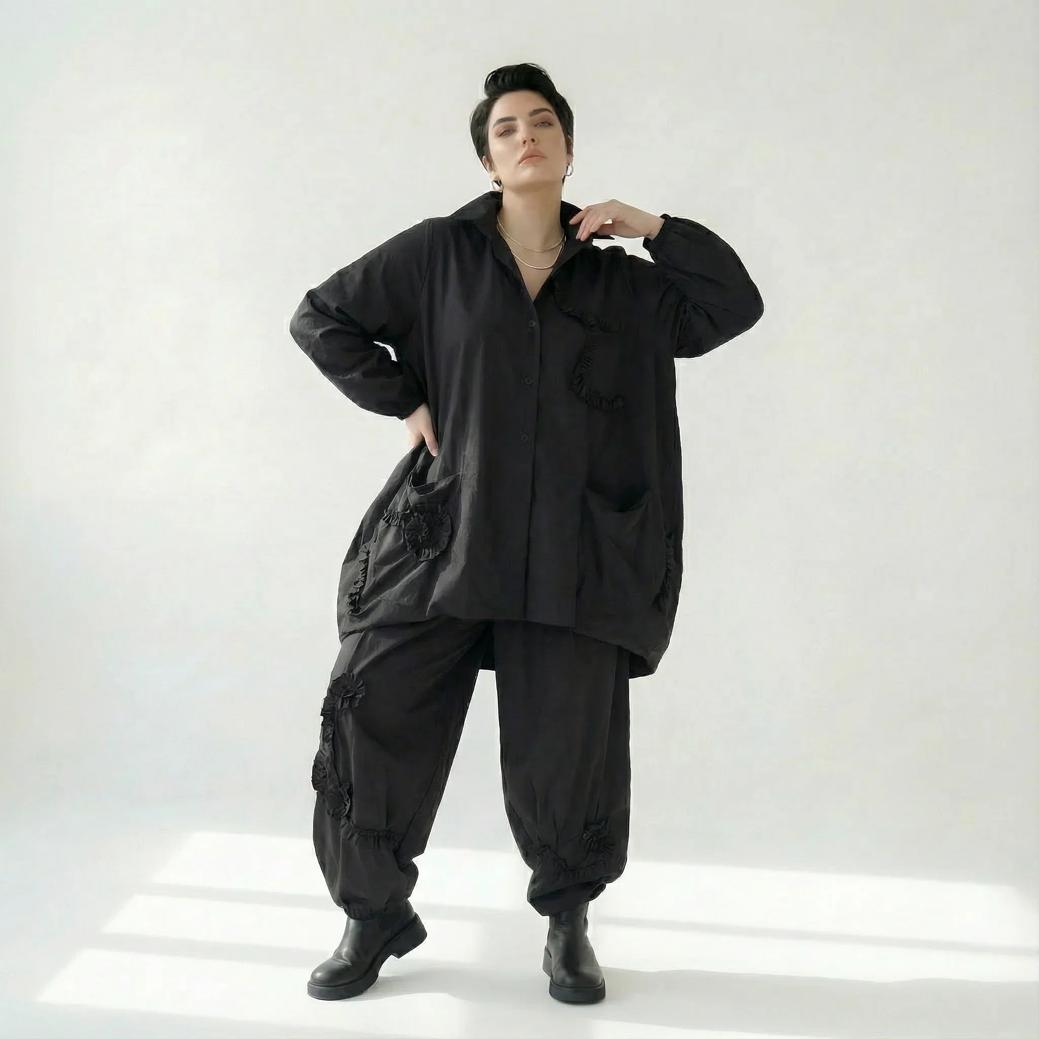 Schwarze Oversize Jacke Damen Avantgarde Lagenlook Polyester Frühjahr Sommer Caraclan bei Modeare
