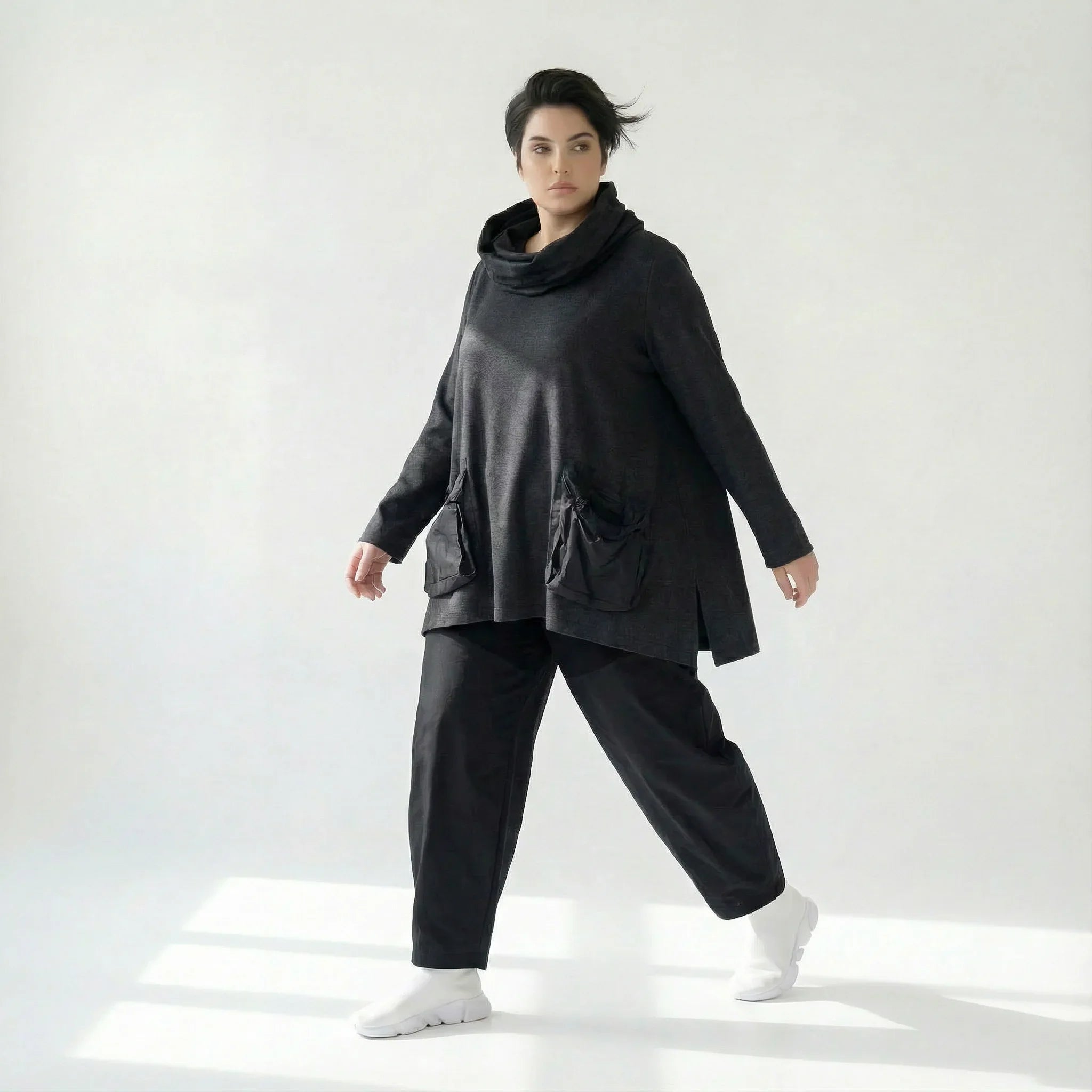 Oversize Tunika Damen A-Form Übergang warm meliert Baumwolle Caraclan Modeare Avantgarde Lagenlook Stil