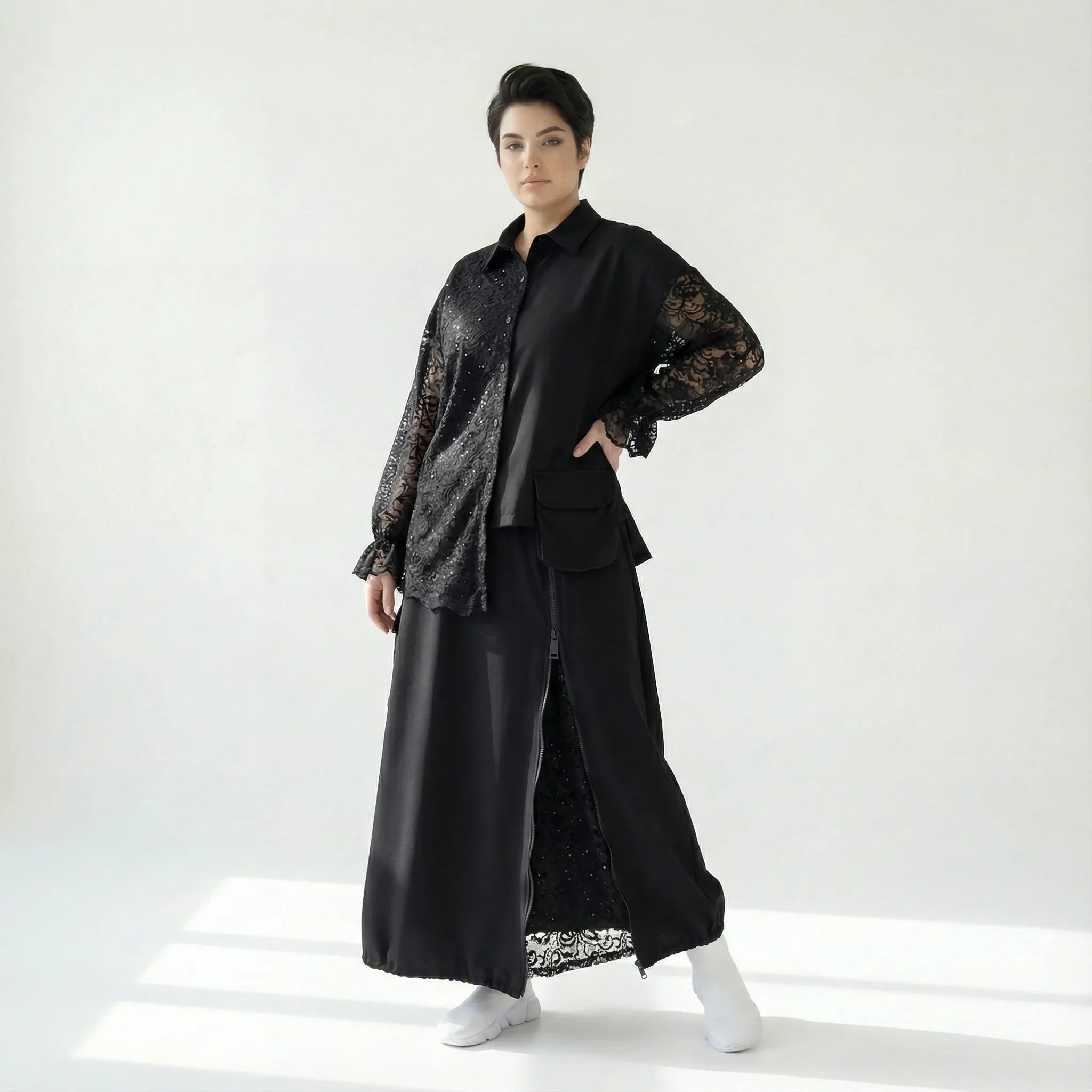 Trieste Oversize-Set mit Spitze: Schwarze Popeline-Bluse & Lagenrock – bei Modeare entdecken
