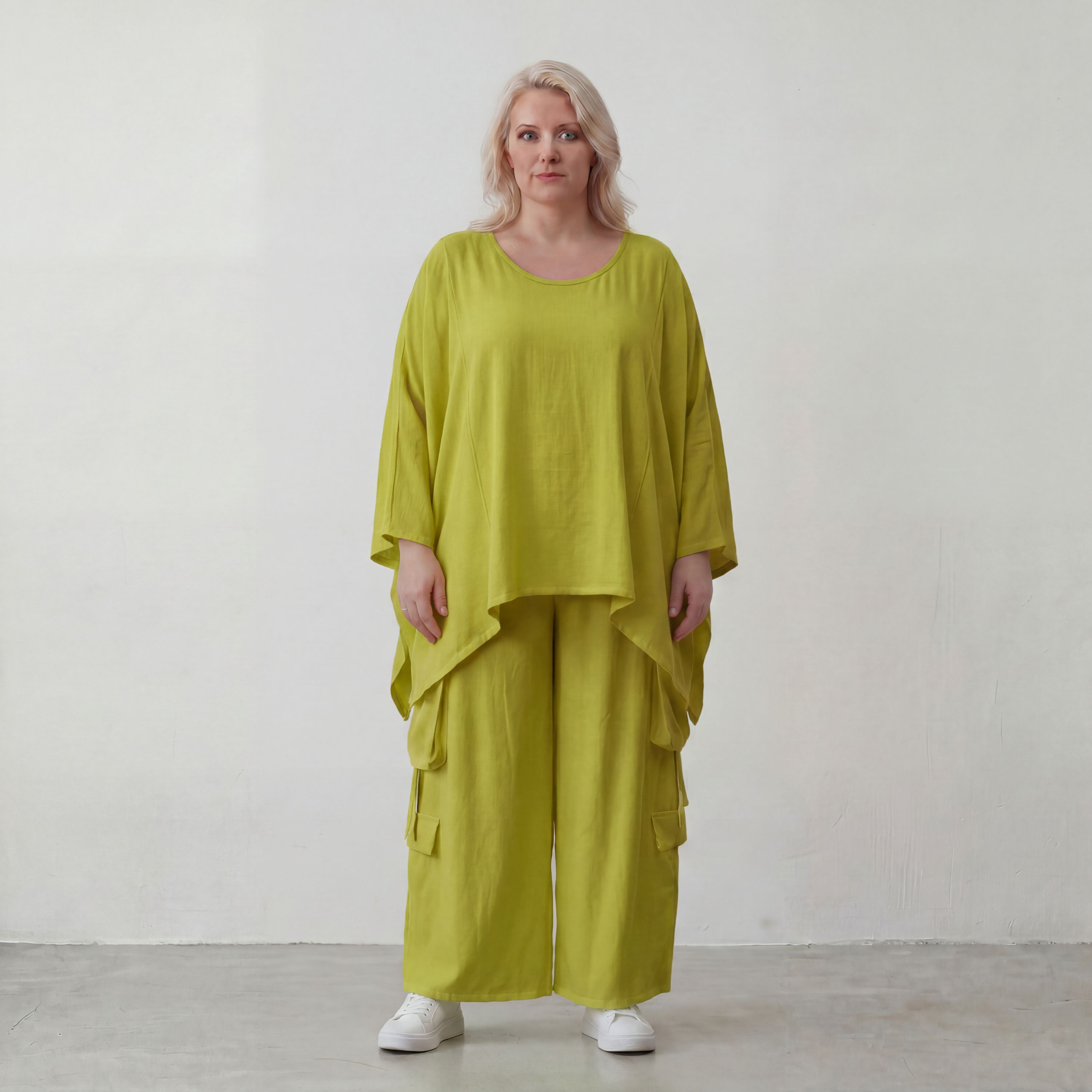Apfelgrün Oversize Shirt im Lagenlook leger ausgefallen mit Leinenoptik luftig asymmetrisch