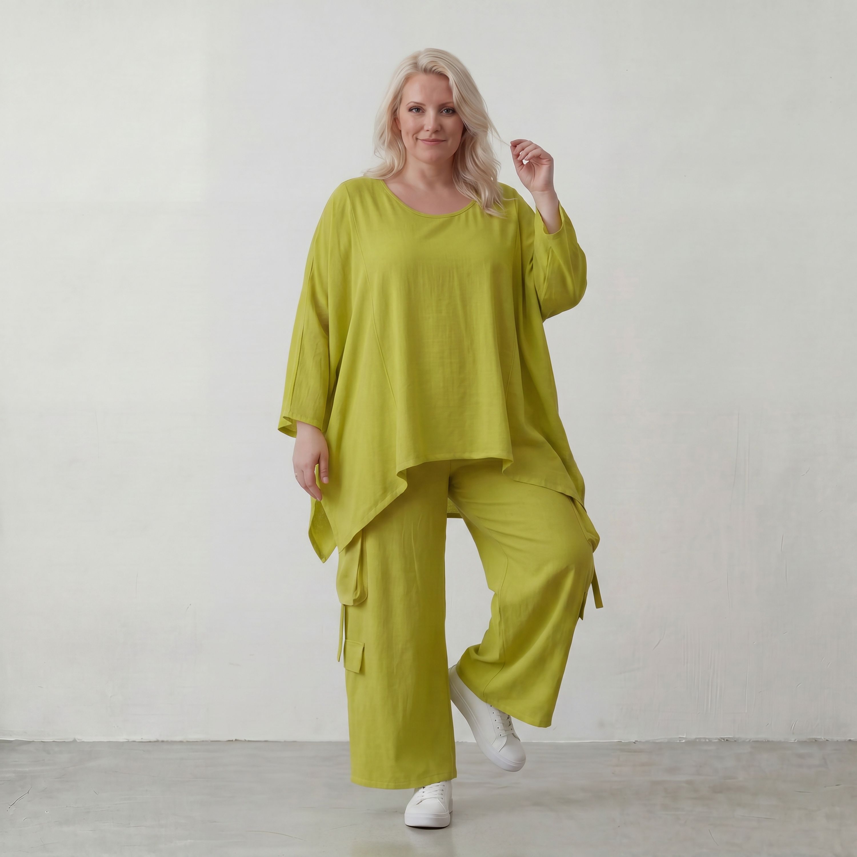 Apfelgrün Oversize Shirt im Lagenlook leger ausgefallen mit Leinenoptik luftig asymmetrisch