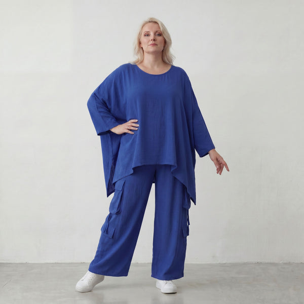 Royalblaues Oversize Shirt im Lagenlook leger ausgefallen mit Leinenoptik und Flow cool