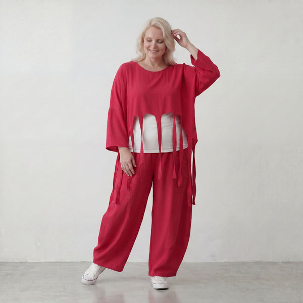 Fuchsia Oversize Überwurf im Lagenlook stilvoll ausgefallen mit Leinenoptik Fransen chic