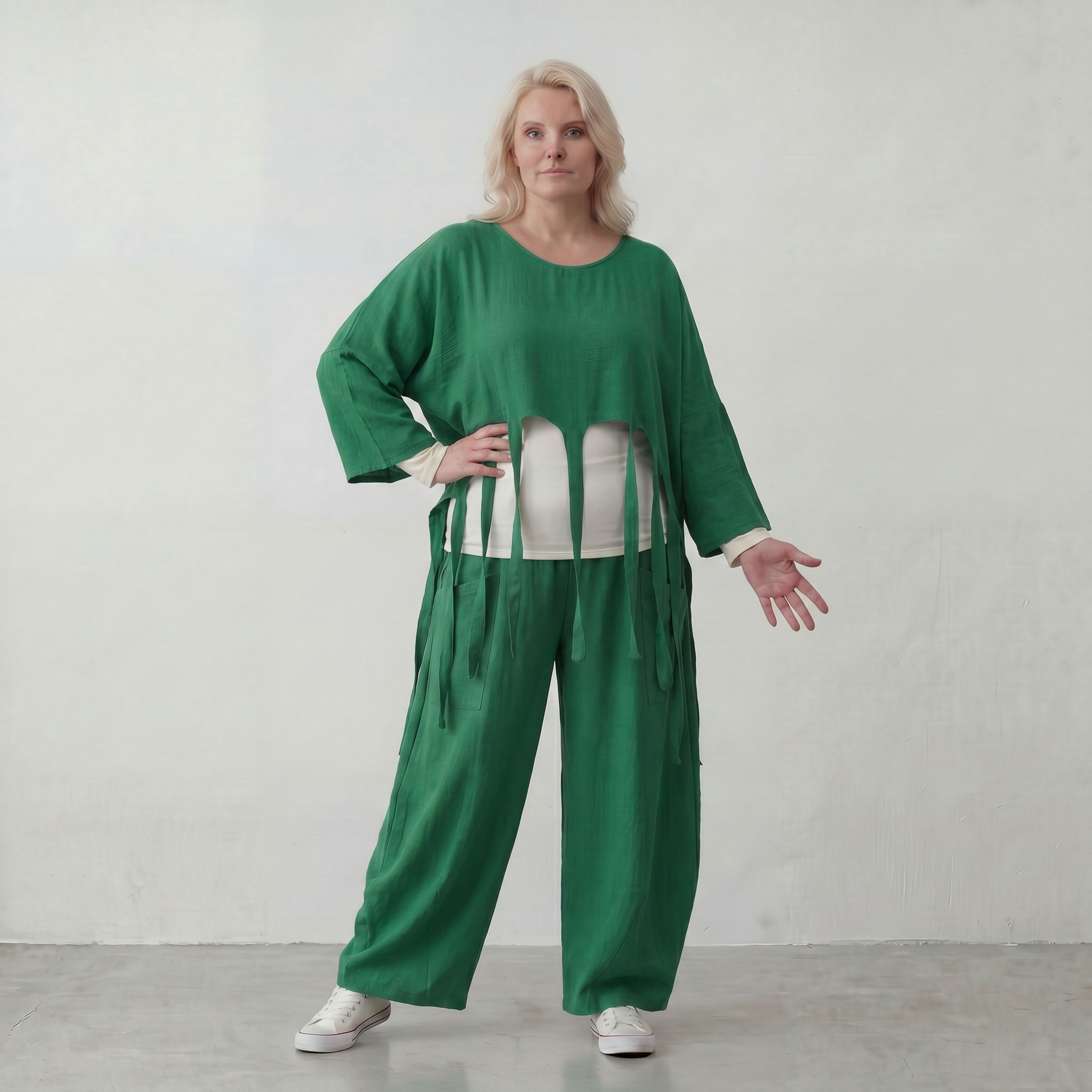 Smaragdgrün Oversize Überwurf in Leinenoptik mit Lagenlook leger zeitlos luftig weich modern