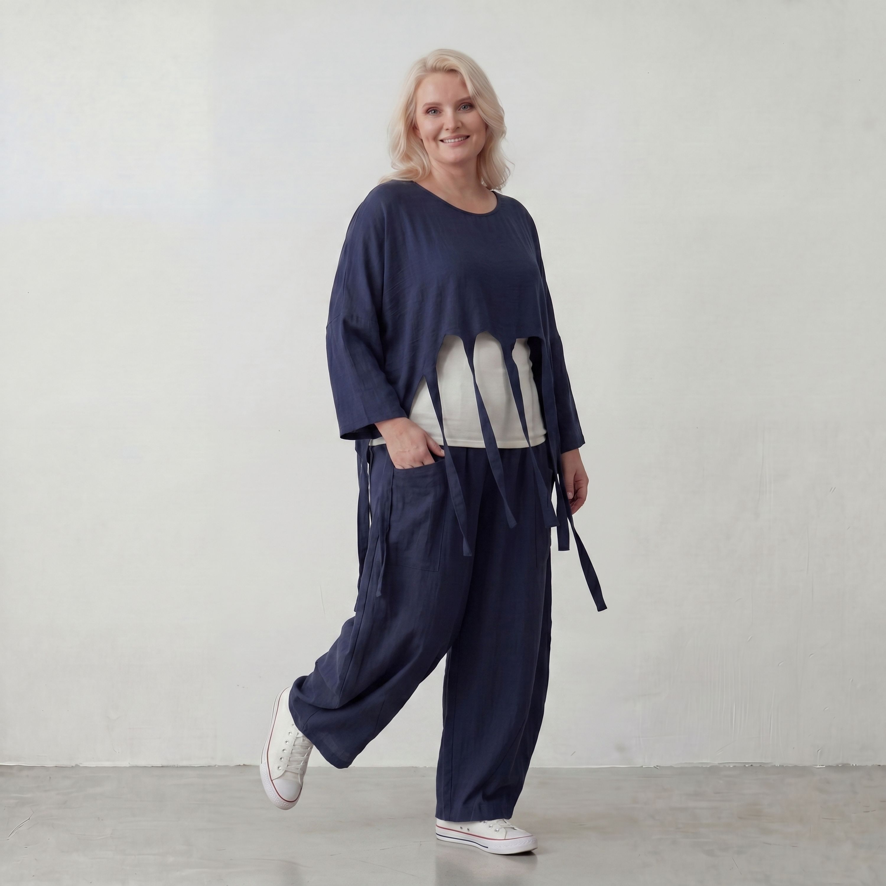 Marine Lagenlook Ueberwurf Oversize leger mit Leinenoptik zeitlos besonders luftig weich