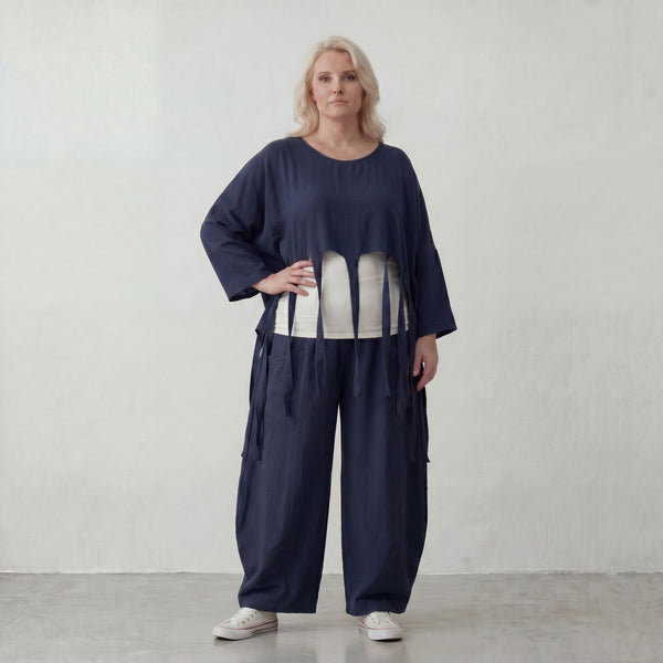 Marine Lagenlook Ueberwurf Oversize leger mit Leinenoptik zeitlos besonders luftig weich