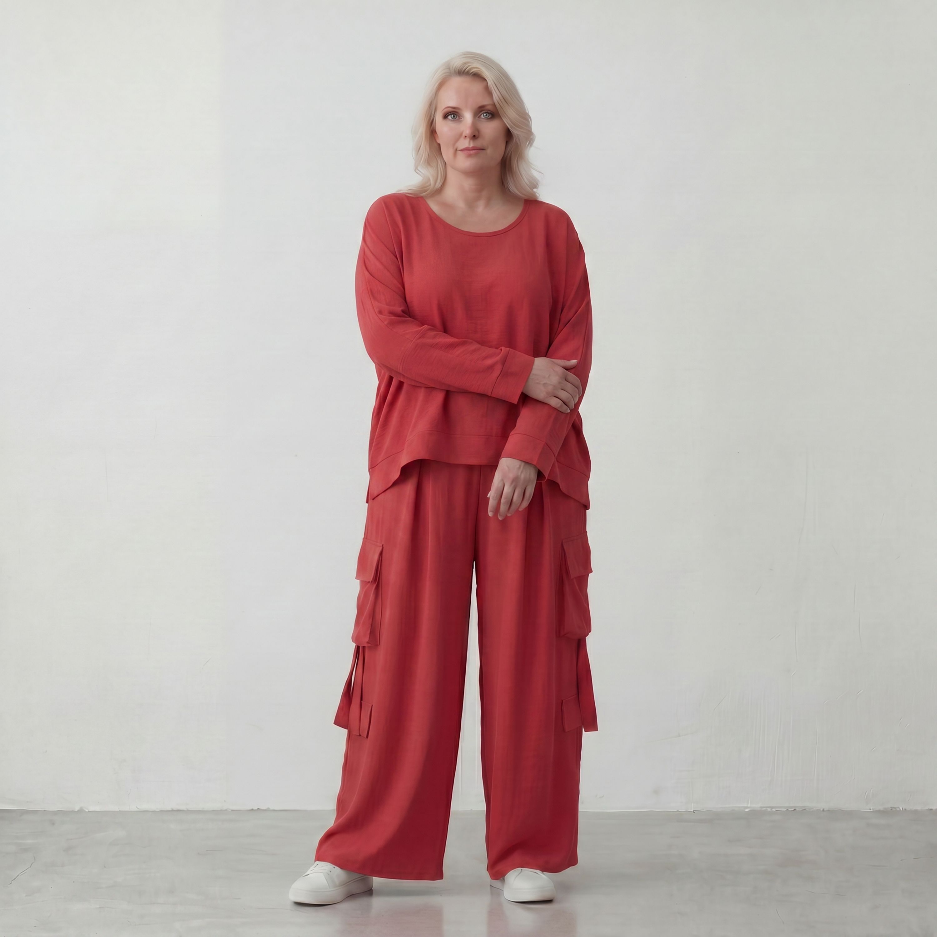 Fuchsia Ballonhose im Lagenlook Oversize leger ausgefallen mit Fransen Flügeltaschen cool