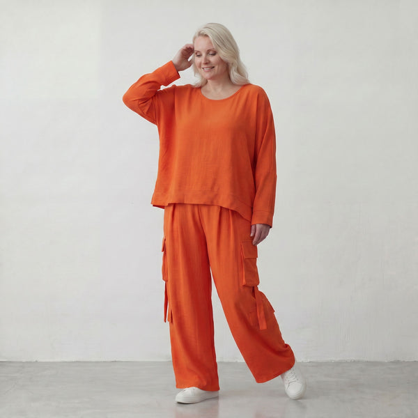 Ballonhose Hellrot fliessend im Lagenlook locker Oversize mit Leinenoptik Crashstruktur