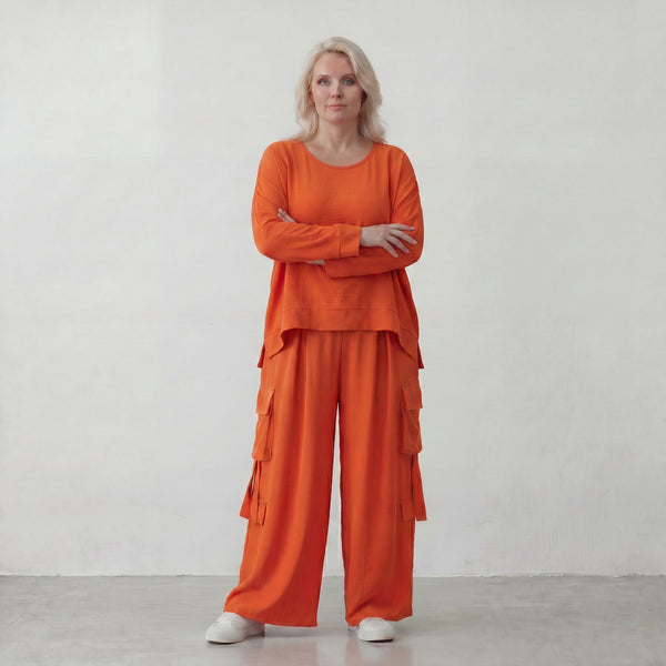 Ballonhose Hellrot fliessend im Lagenlook locker Oversize mit Leinenoptik Crashstruktur