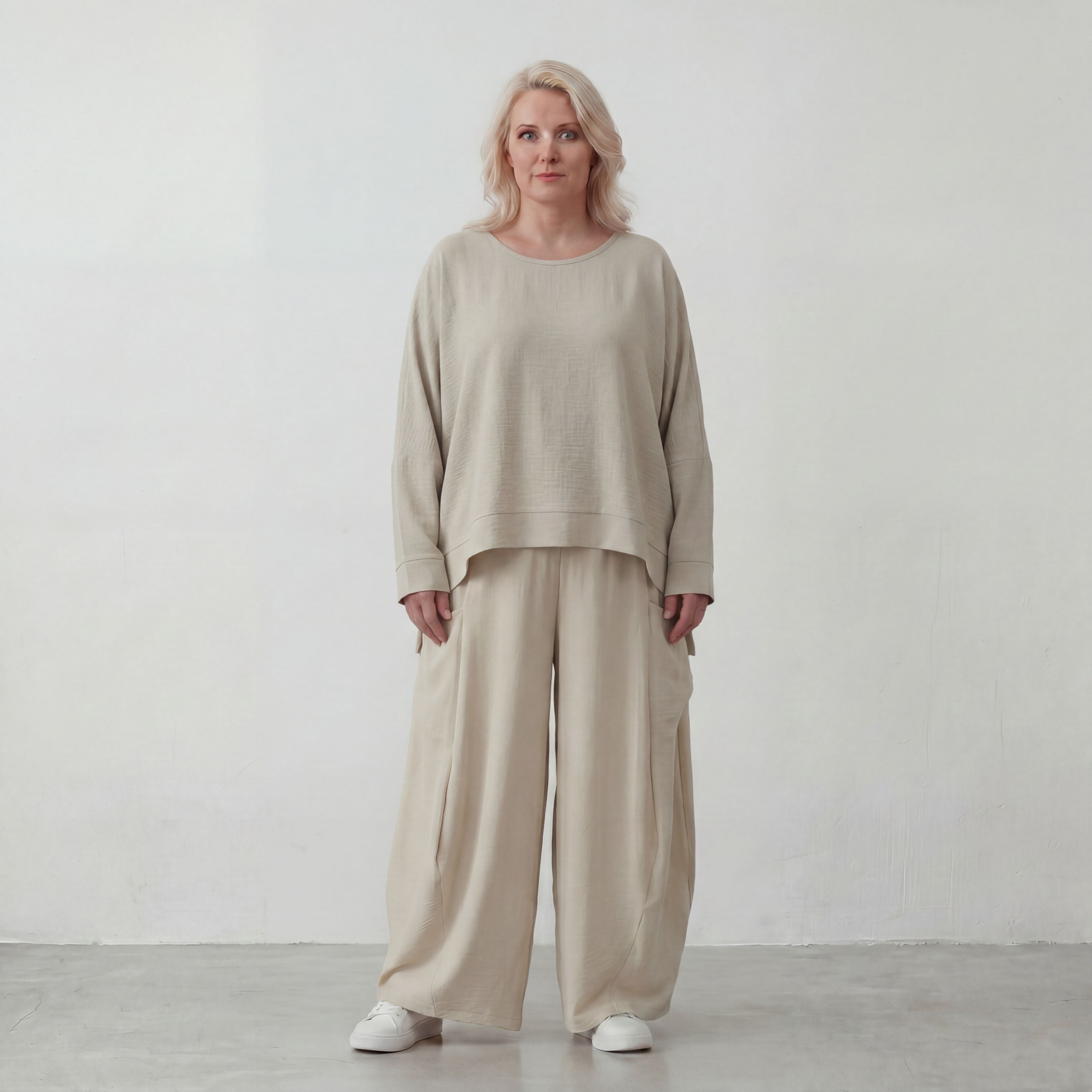 Moderner Beigelagenlook Oversize Ueberwurf aus Leinenmix locker leicht und fein elegant