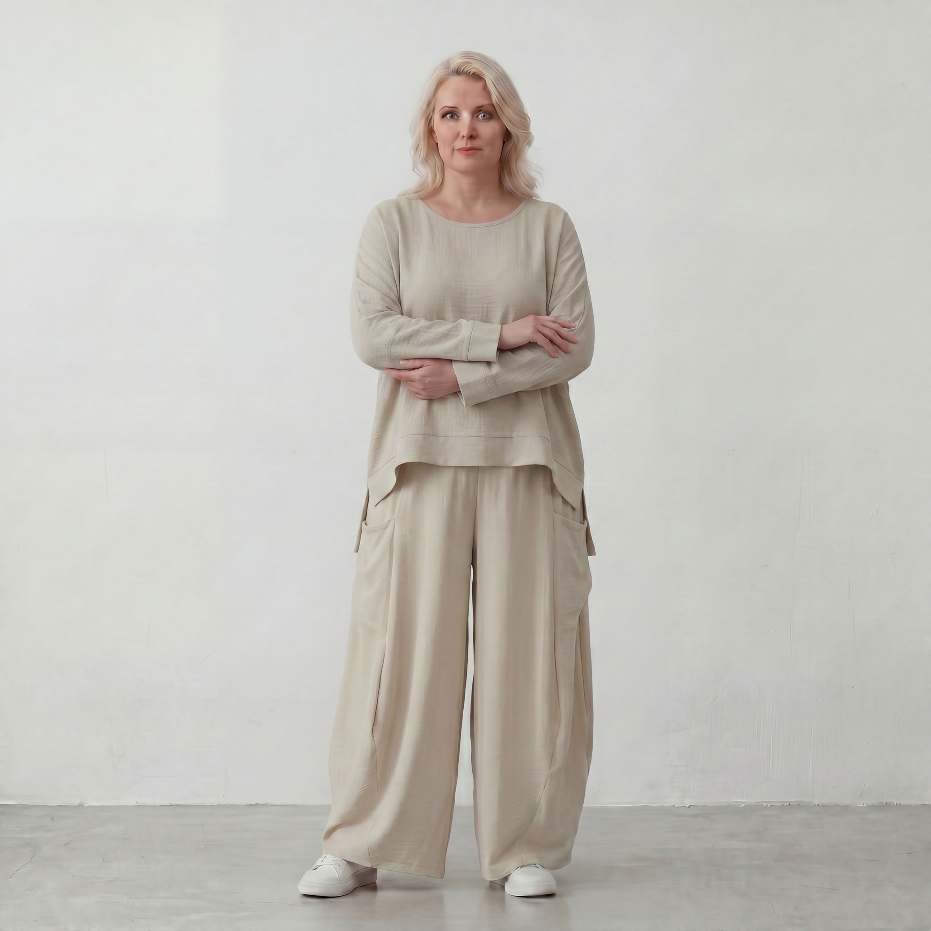 Moderner Beigelagenlook Oversize Ueberwurf aus Leinenmix locker leicht und fein elegant