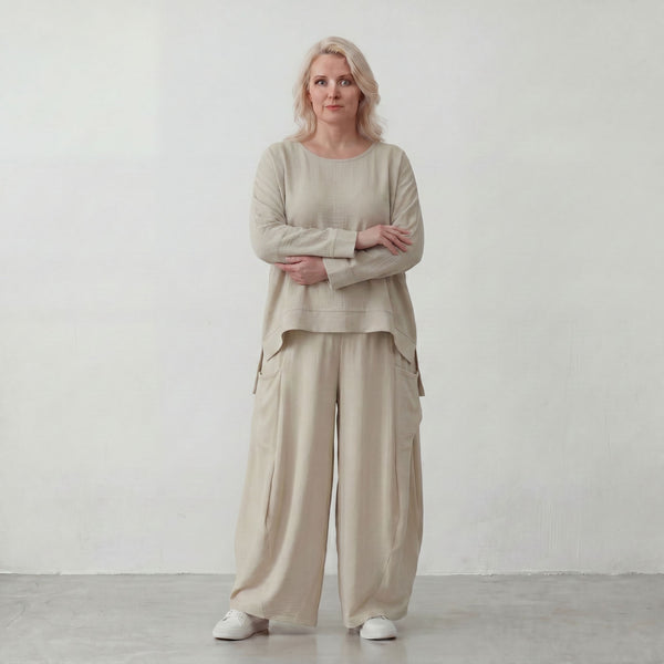 Moderner Beigelagenlook Oversize Ueberwurf aus Leinenmix locker leicht und fein elegant