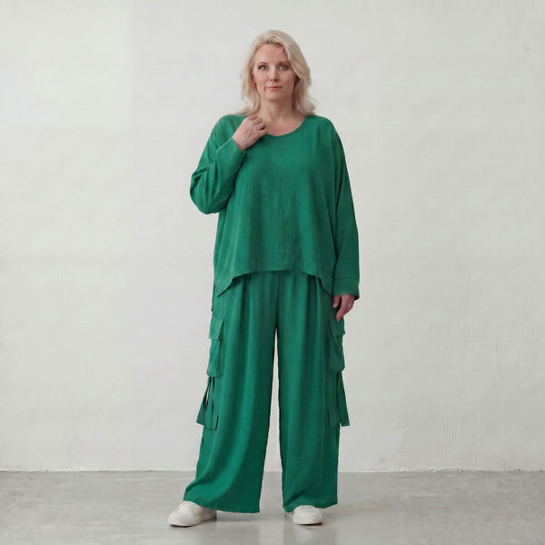 Ausgefallene Ballonhose Smaragdgrün im legeren Lagenlook Oversize leicht und zeitlos