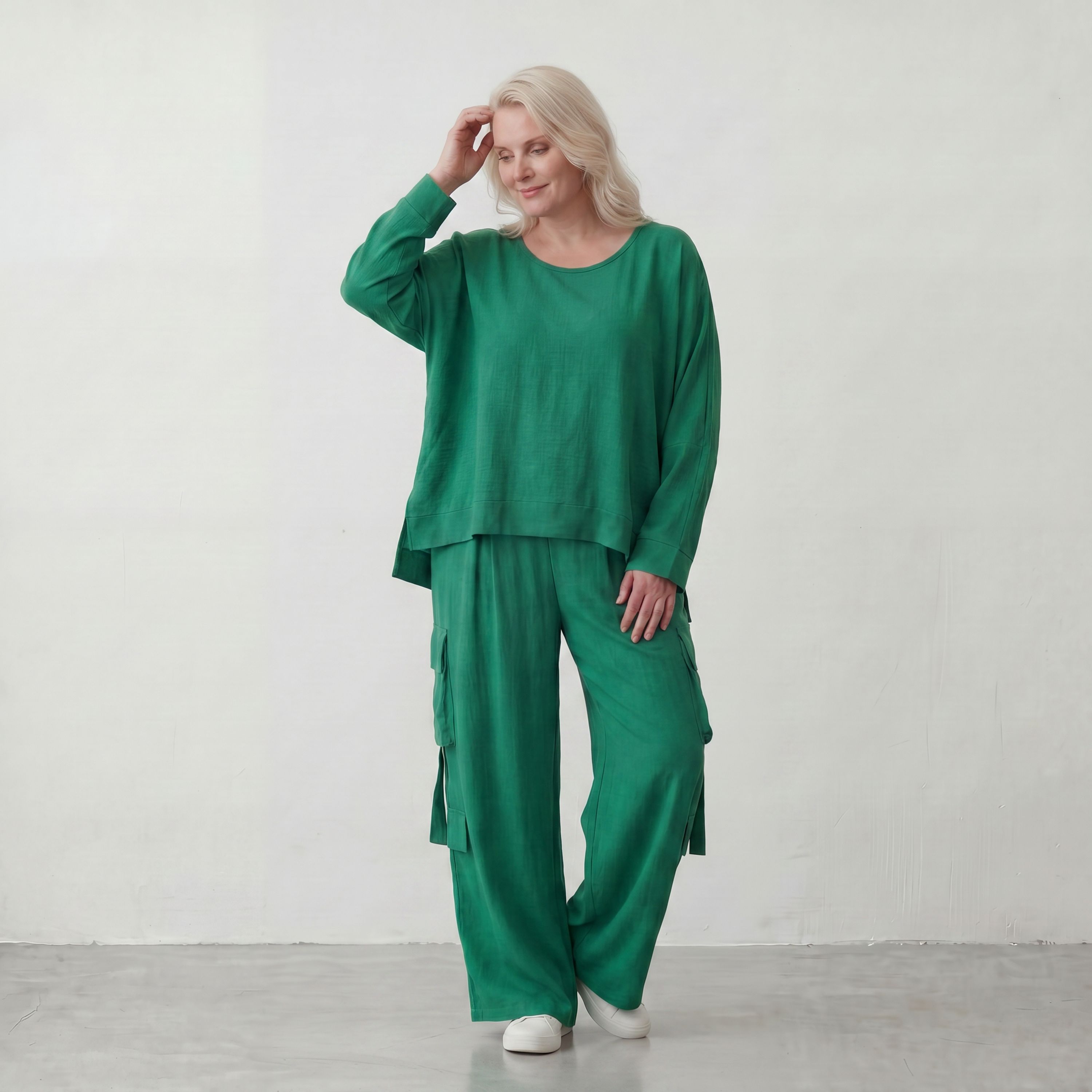 Ausgefallene Ballonhose Smaragdgrün im legeren Lagenlook Oversize leicht und zeitlos