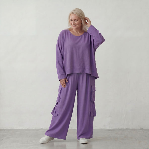 Flieder Ballonhose im Lagenlook Oversize leger zeitlos mit Leinenmix Knitteroptik leicht
