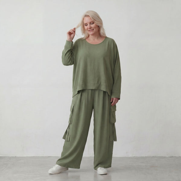 Khaki Lagenlook Überwurf Leinenoptik locker Oversize leger zeitlos ausgefallen chic Mode
