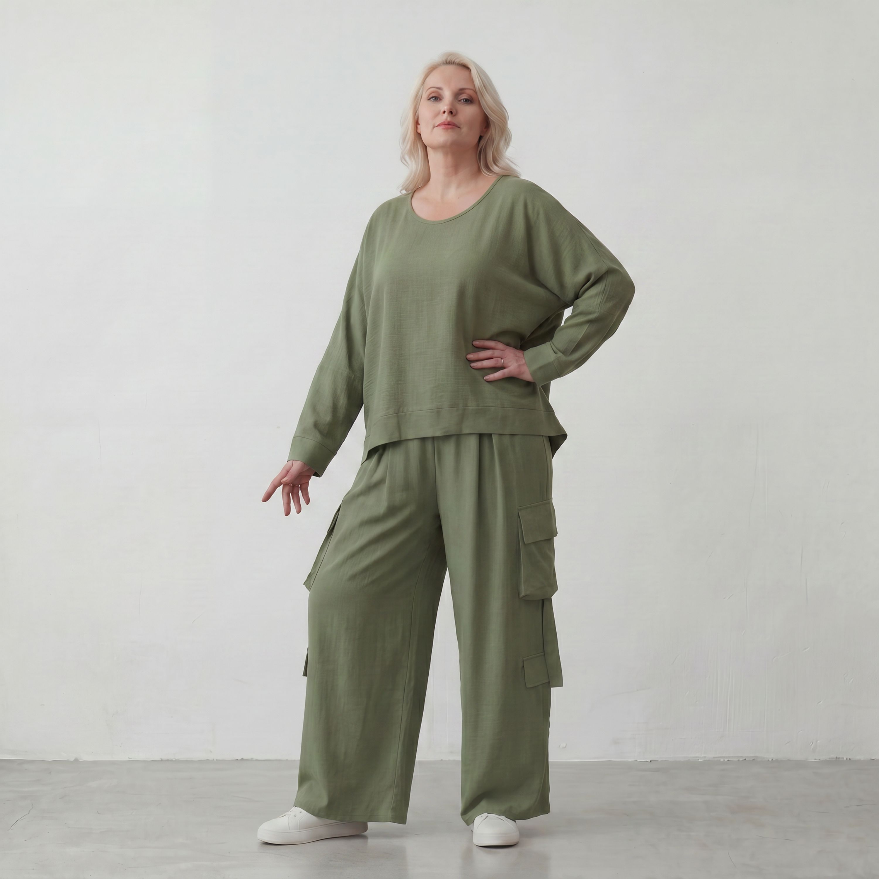 Khaki Ballonhose Lagenlook Oversize luftig ausgefallen zeitlos Fransen Leinenmix Sommer