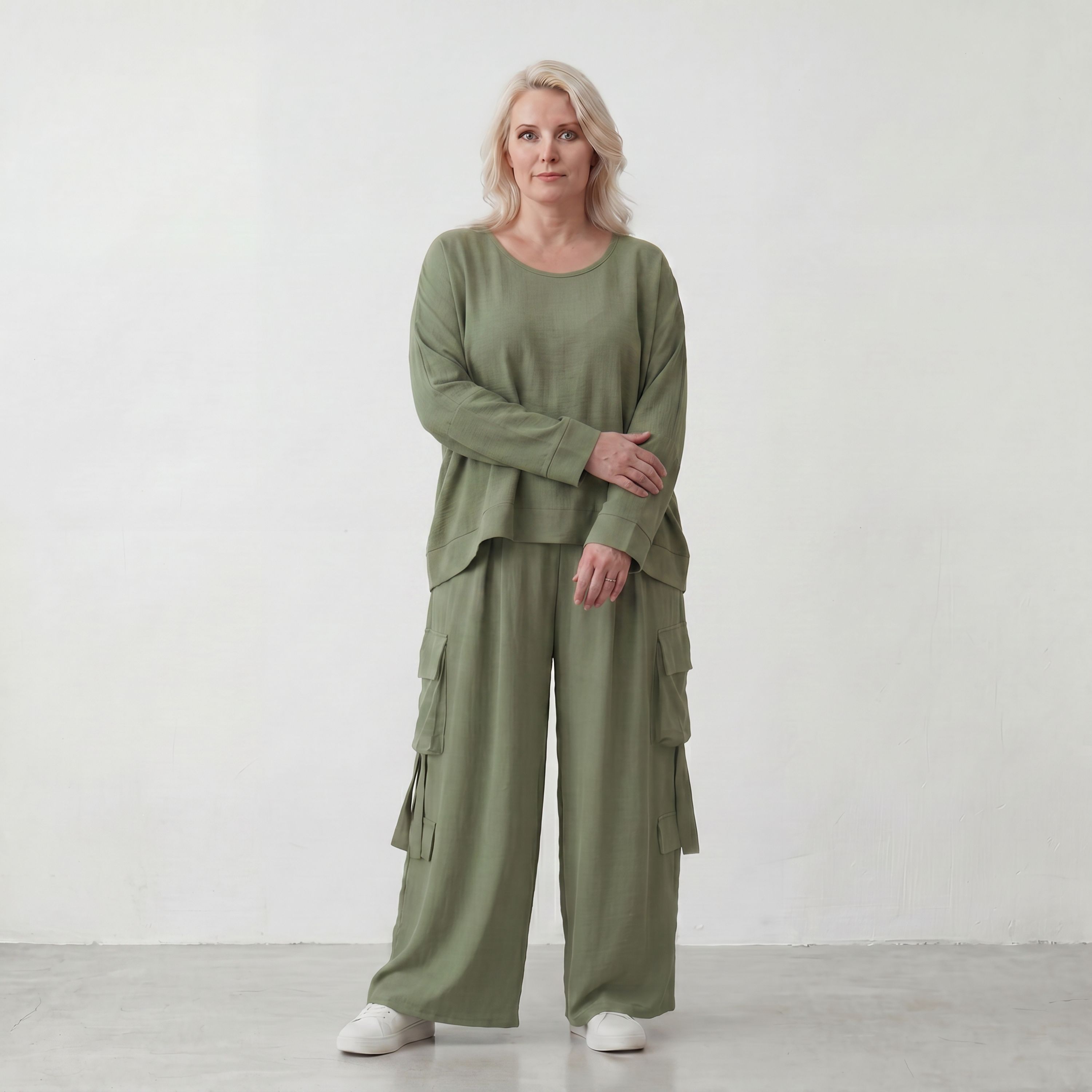 Khaki Ballonhose Lagenlook Oversize luftig ausgefallen zeitlos Fransen Leinenmix Sommer